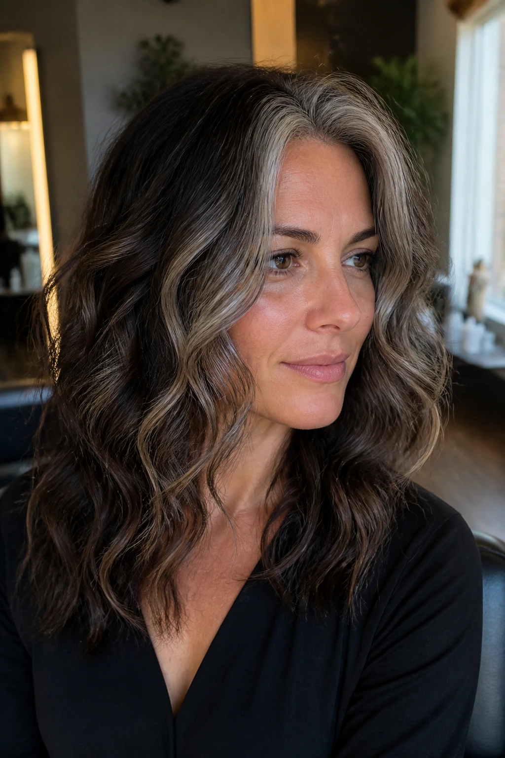 Close-up portrait of brunette with gray ribbons around face and silver crown in a salon setting