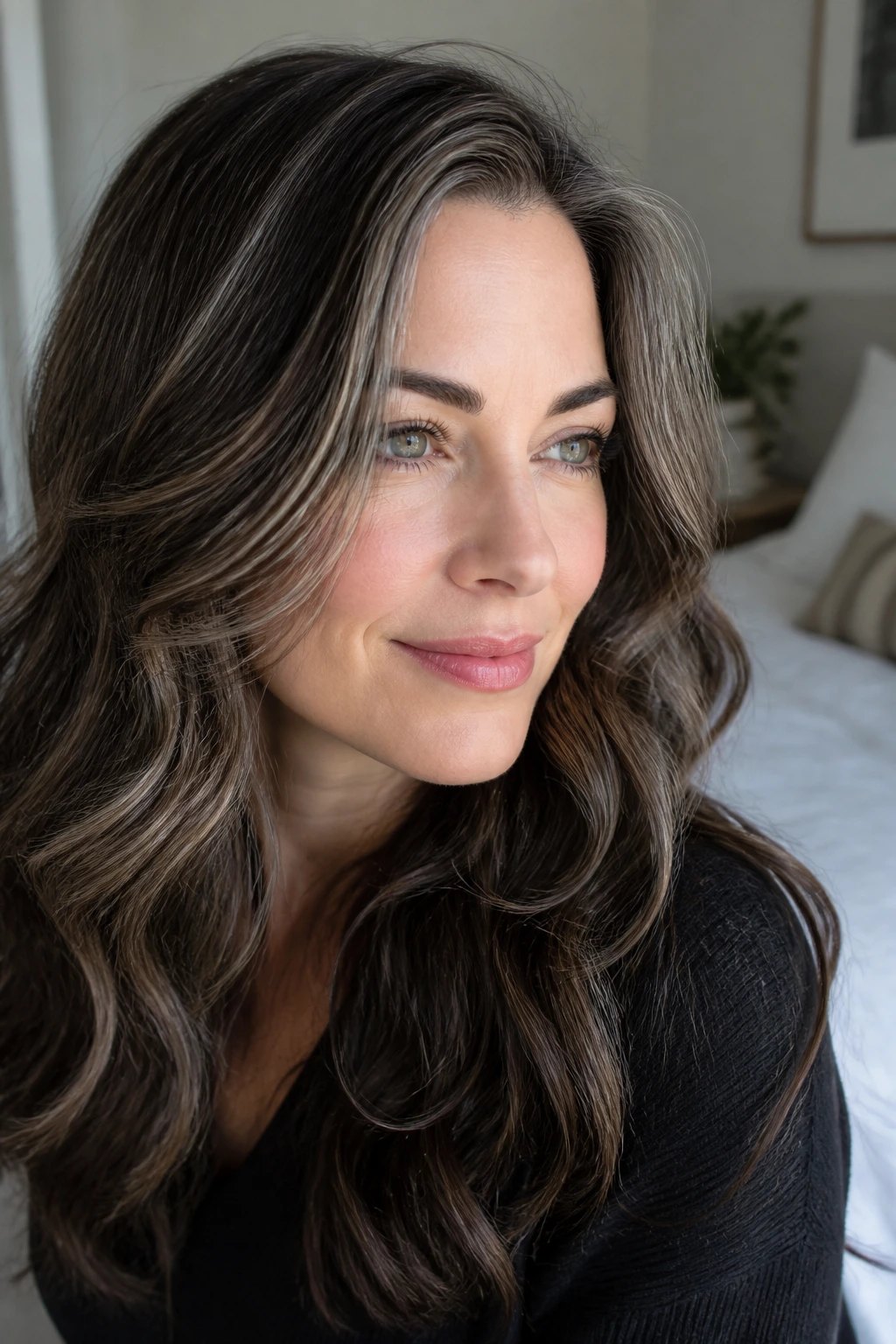 Close-up portrait of a woman with gray-brunette hair flattering cool skin tones in soft daylight