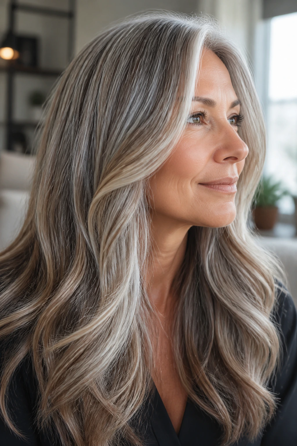 Close-up of a real woman with gray-blending caramel balayage and soft root.