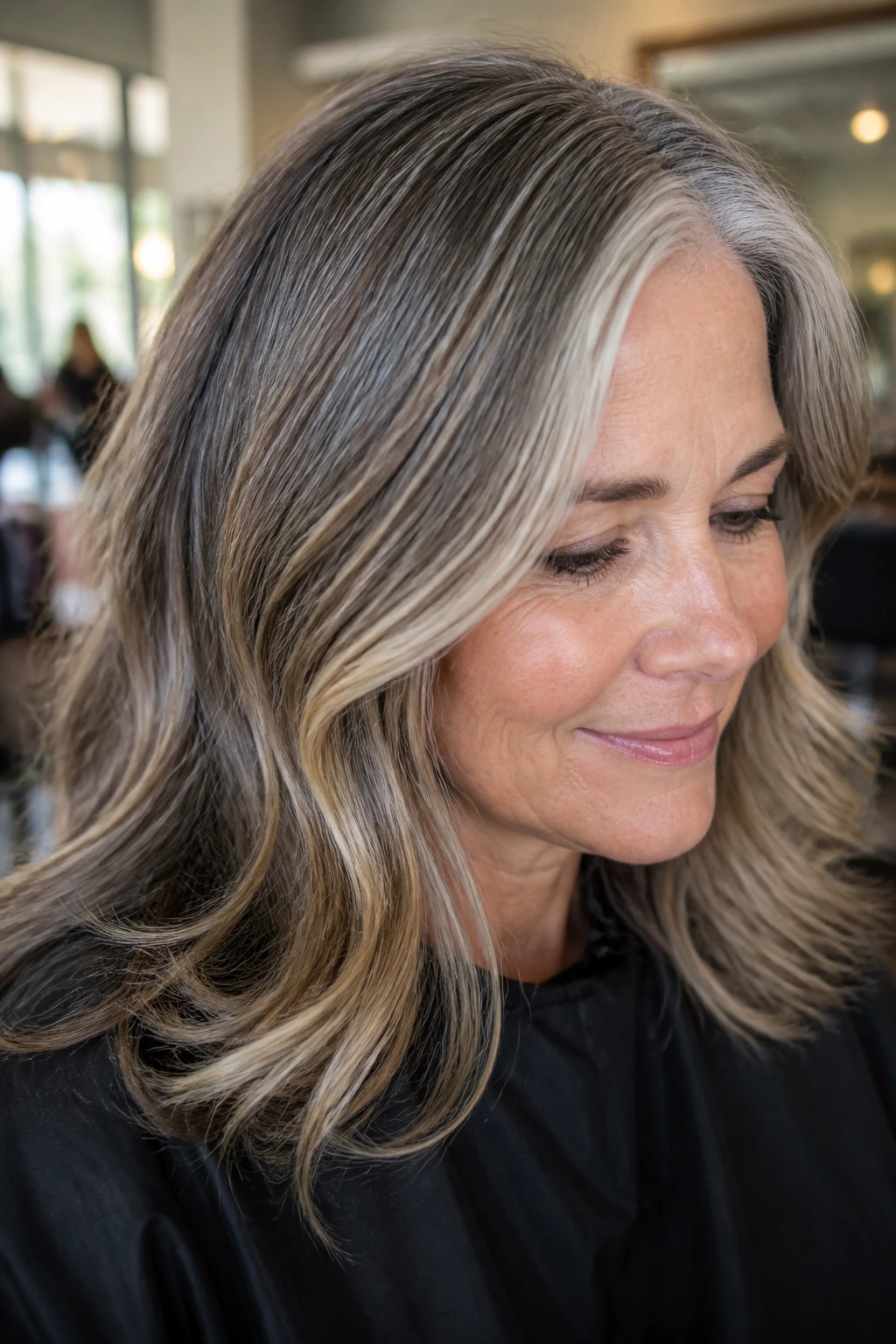 Close-up of a real woman showing gray roots blending into beige caramel highlights
