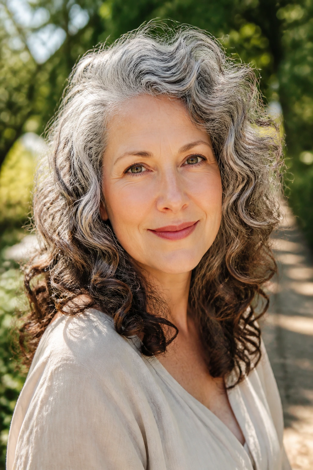 Close-up of real woman with natural gray curls and cocoa ribbons.