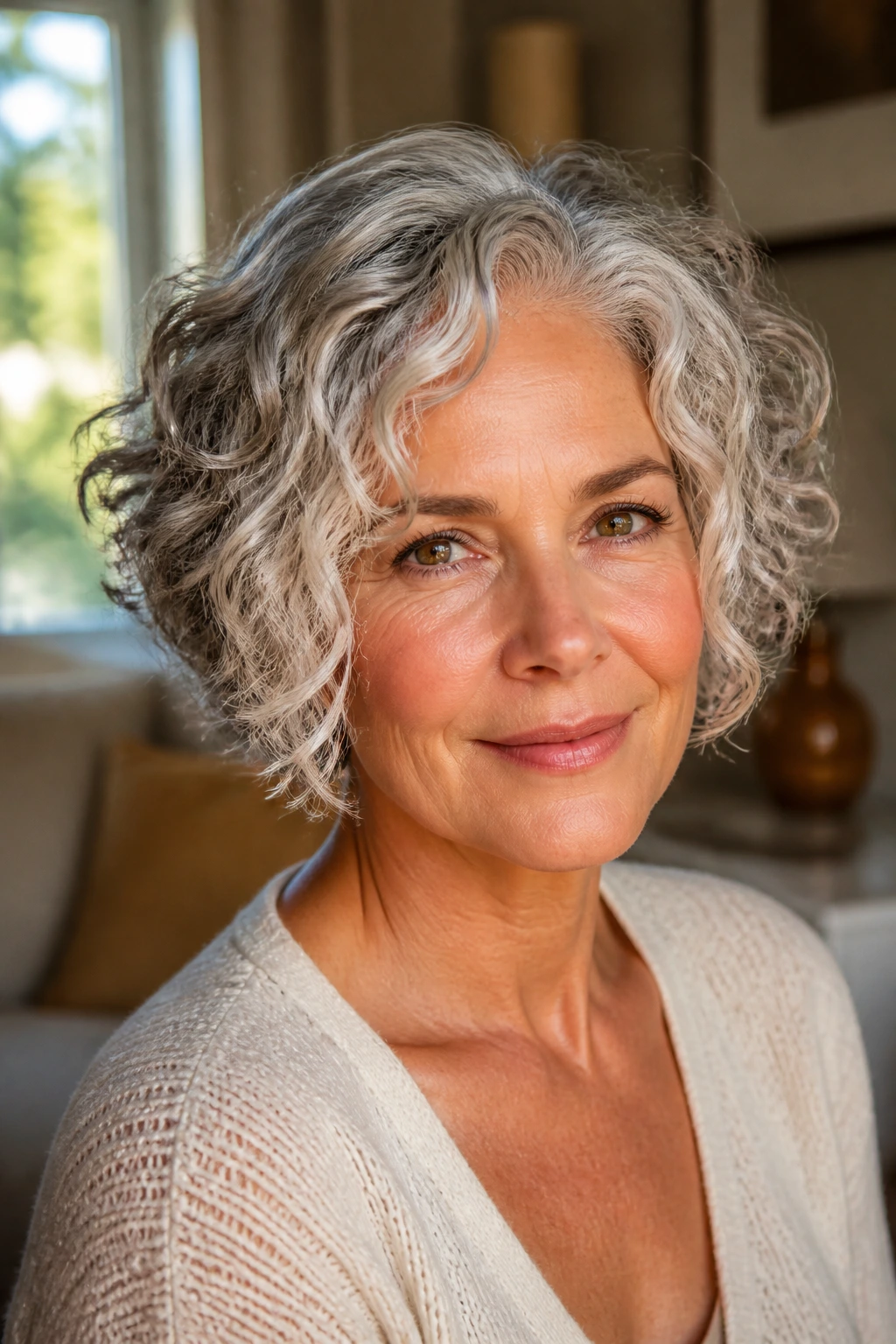 Close-up portrait of a woman with gray curls and face-framing layers at temples.
