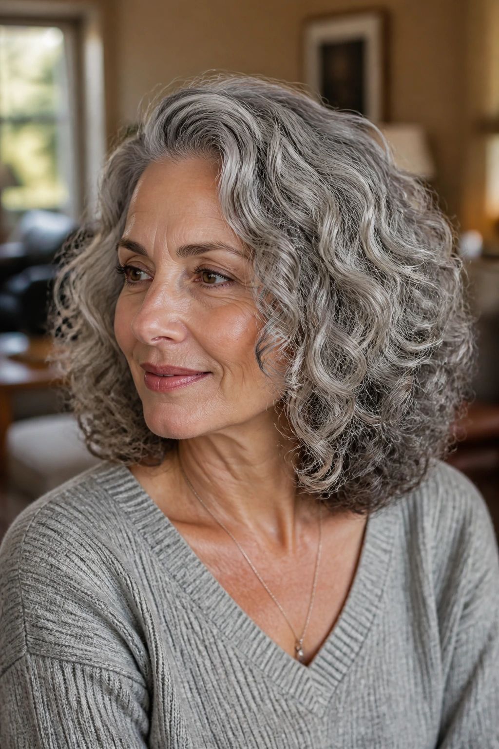 Real woman with shoulder-length gray curls in a cozy living room.