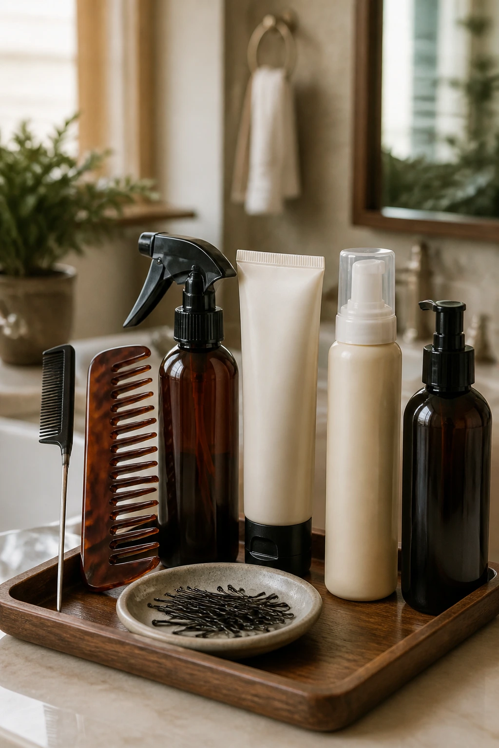 Close-up of essential tools for gray-covering curly styling arranged on a wooden vanity in a softly lit bathroom.