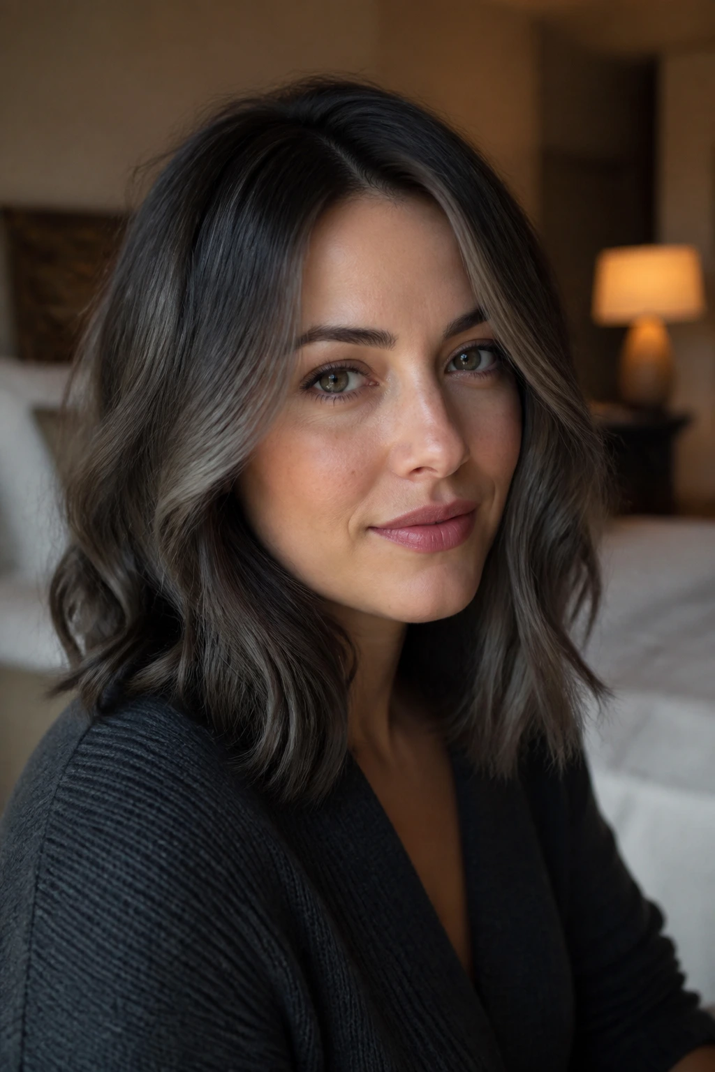 Close-up portrait of brunette with smoky charcoal-gray depth on cool-toned hair