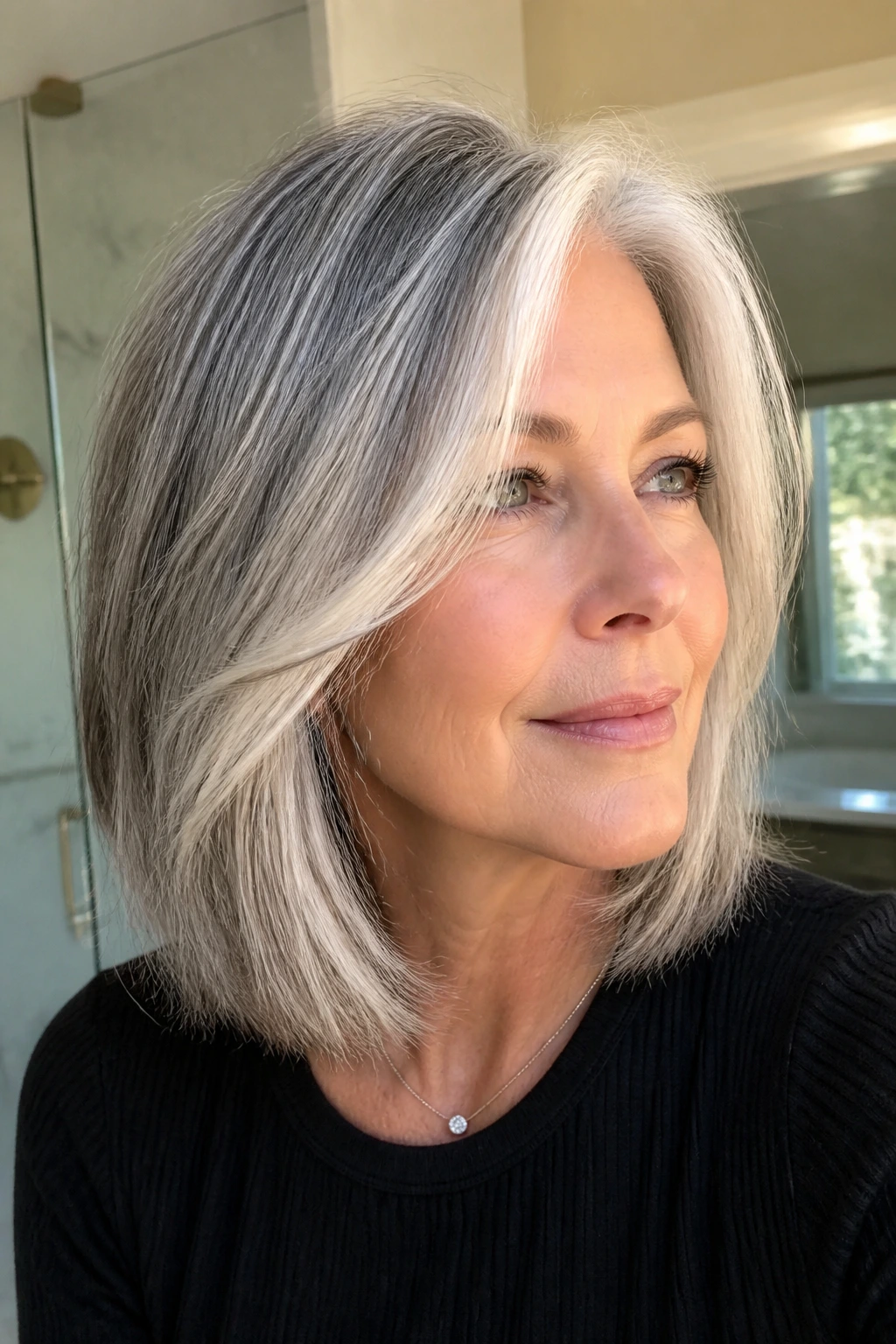 Close-up portrait of a real woman with gray hair and bright front panels