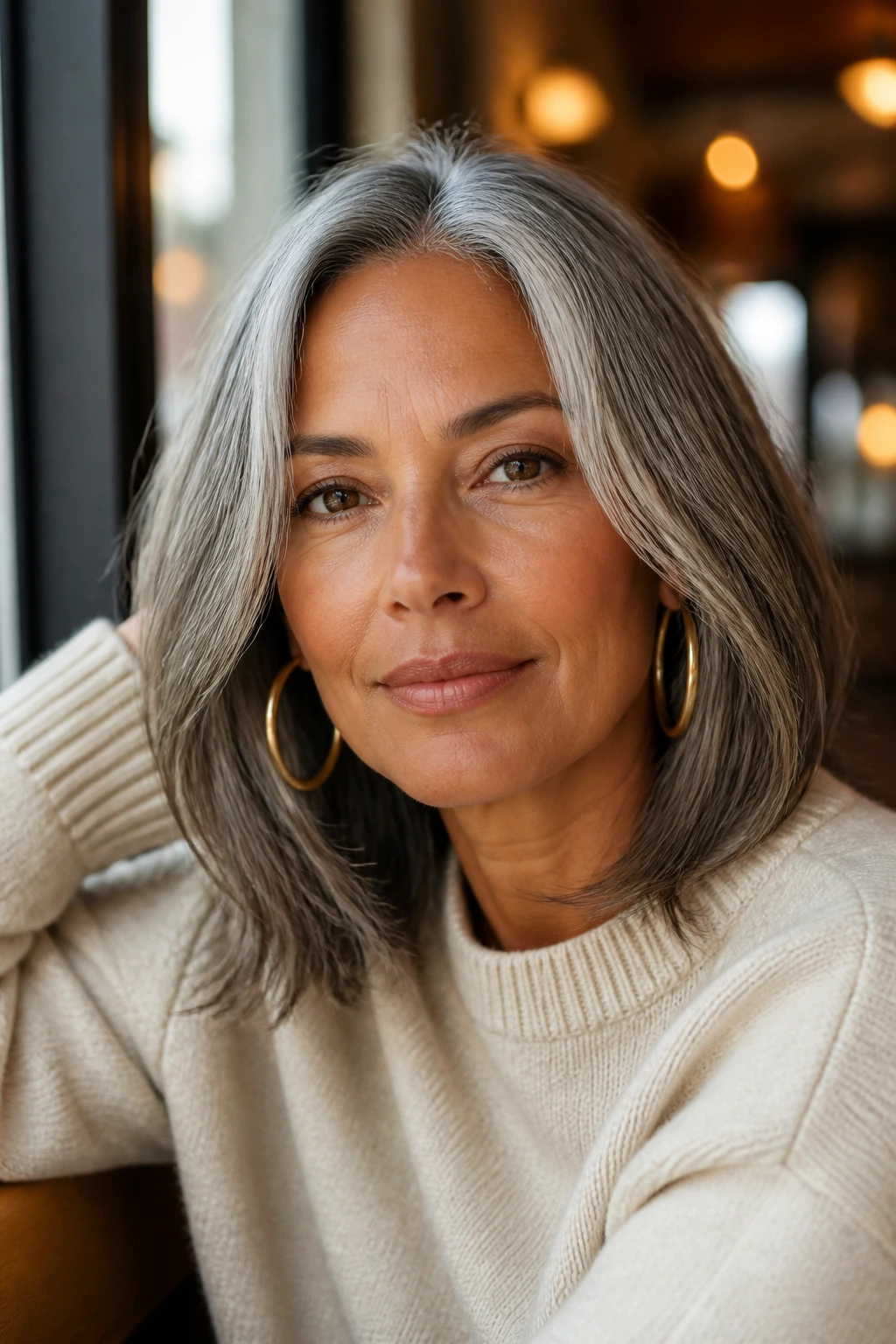 Real woman with center-part gray hair wearing gold hoops and cream sweater in warm light.