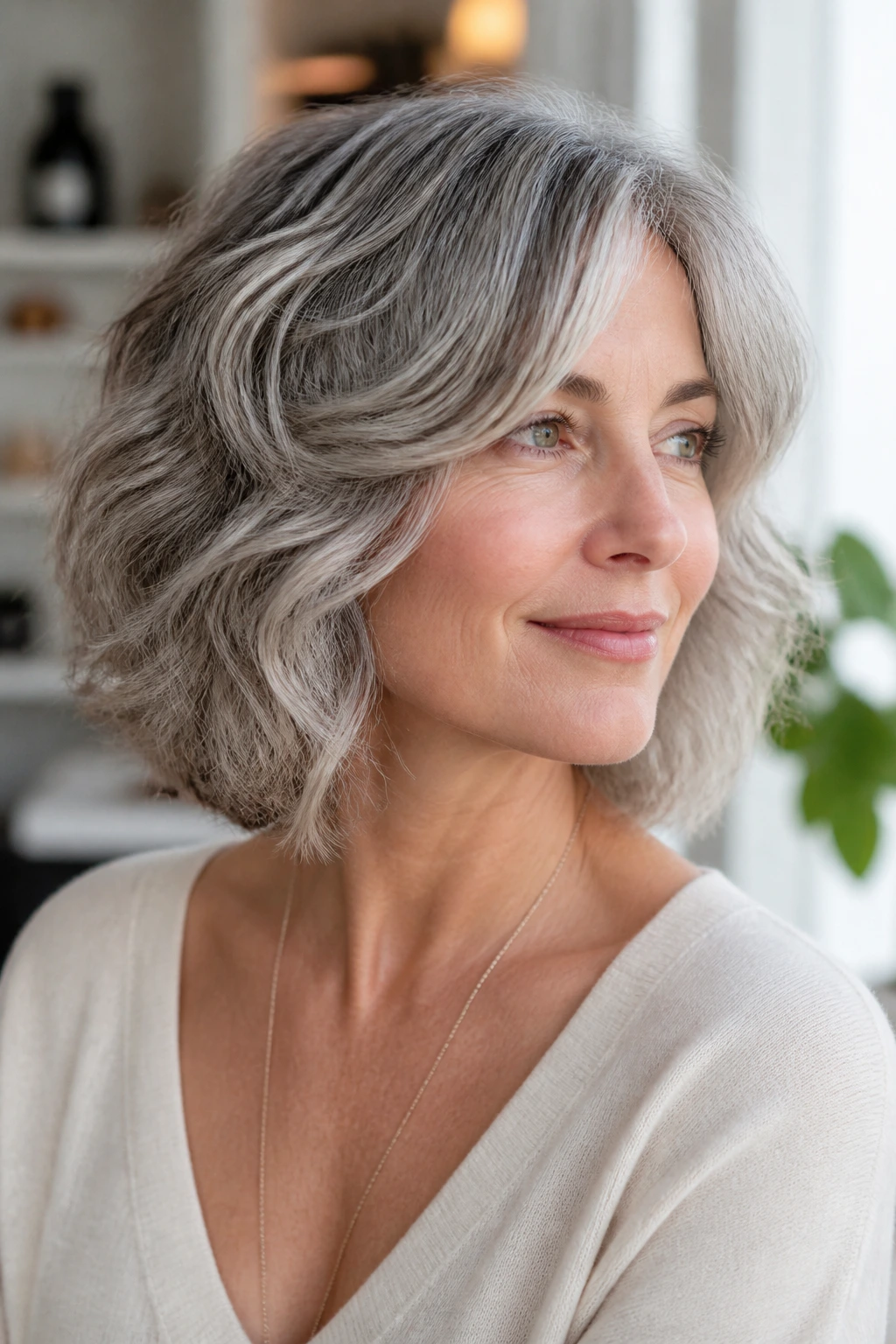 Close-up of a silver-haired woman with soft highlights showing adaptation for gray or curly hair