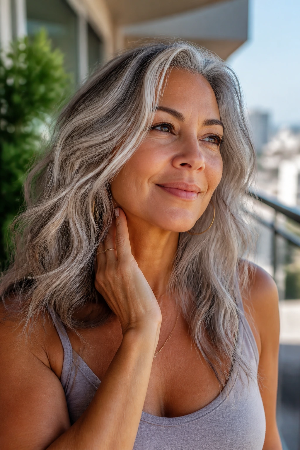 Real person with gray hair in beachy waves showing depth and movement