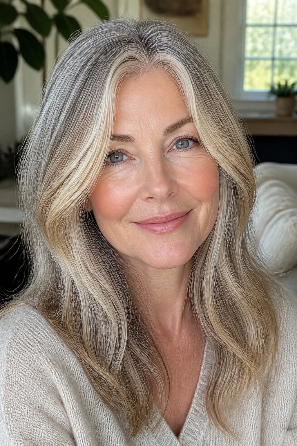 Portrait of a real person with gray hair and a beige-gold halo