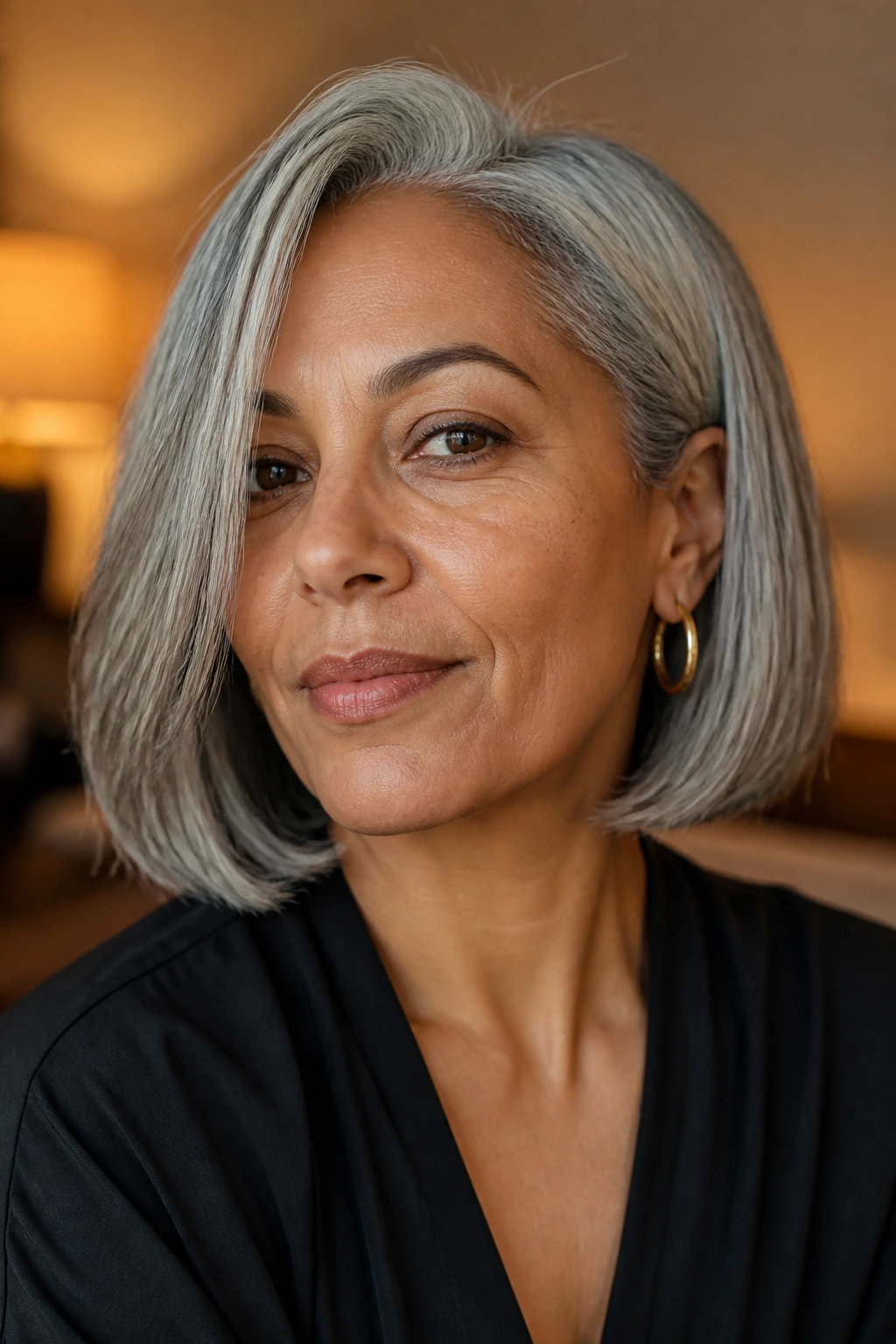 Close-up of a real woman with a sharp blunt gray lob and matte finish