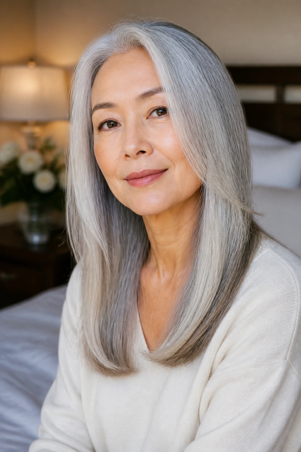 Close-up portrait of a silver-gray-haired woman with a glossy blunt long cut and soft face frame