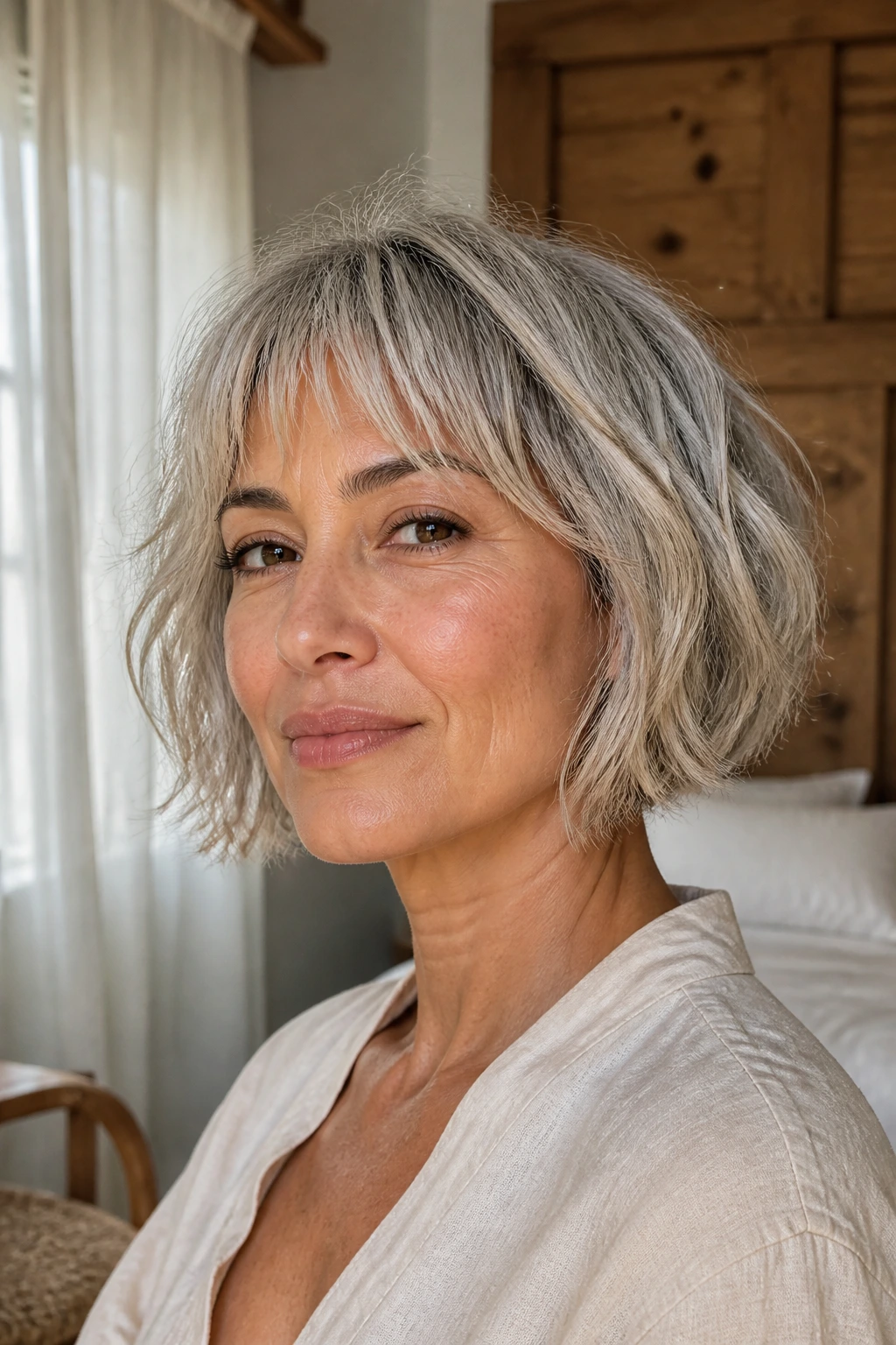 Close-up portrait of a real woman with a jaw-length textured gray bob and light fringe in warm window light