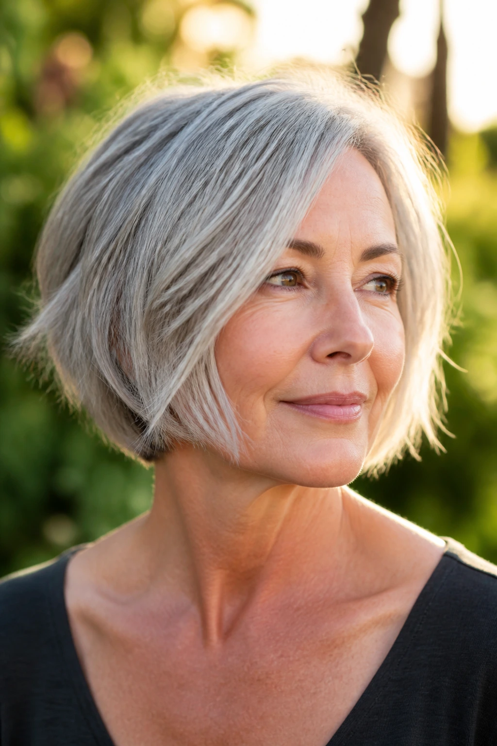 Close-up of a real gray-haired woman with piecey-ended bob