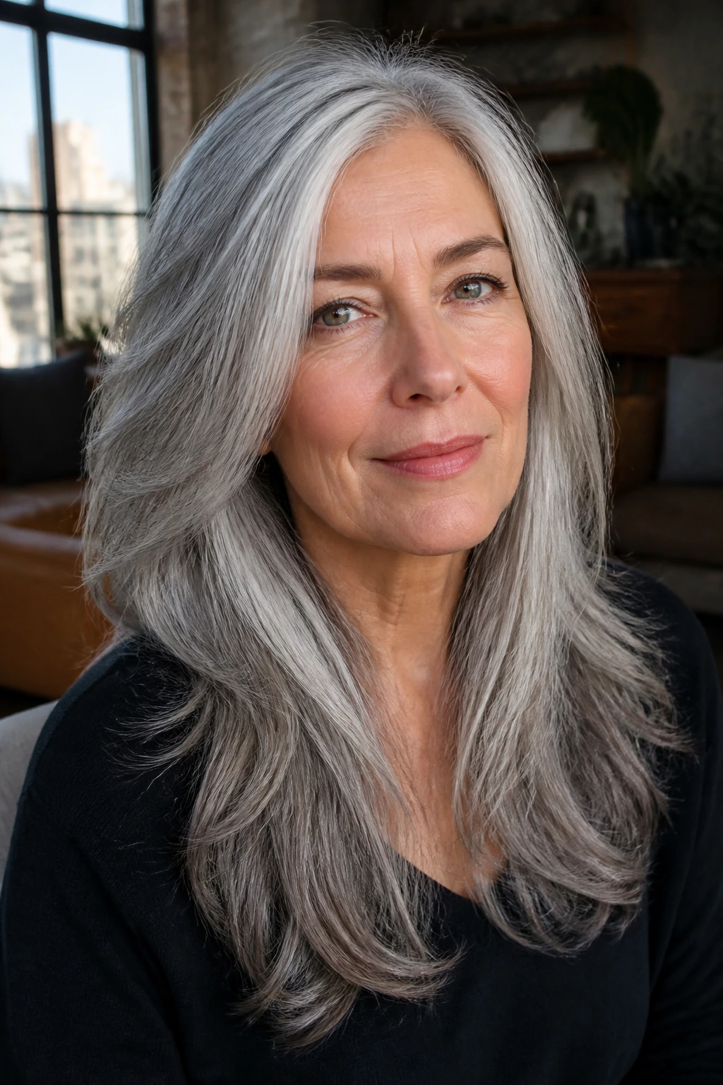 Portrait of a real person with long gray hair in a clean sculpted shape around the face.
