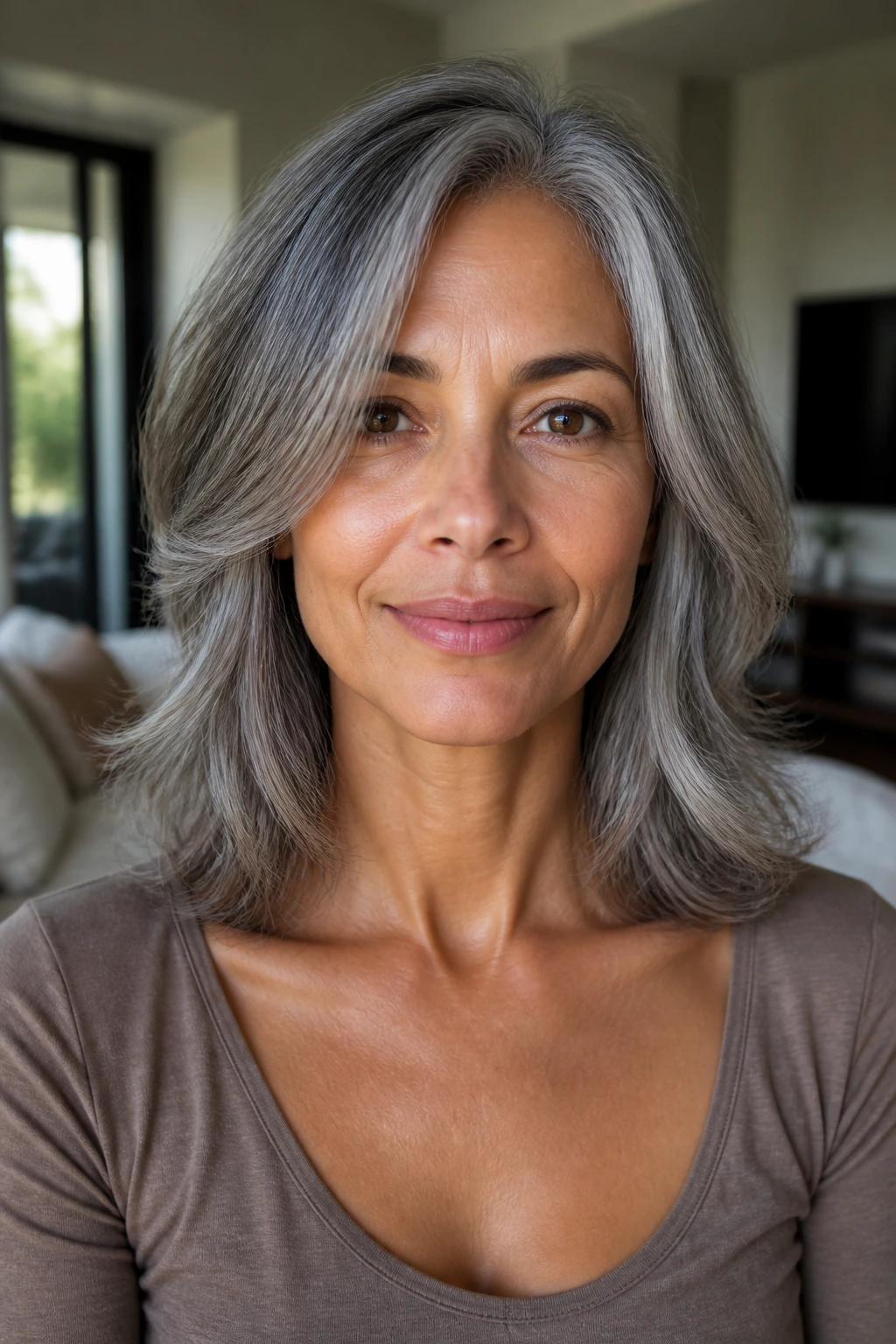 Close-up of a real person with collarbone-length gray hair and face-framing layers.