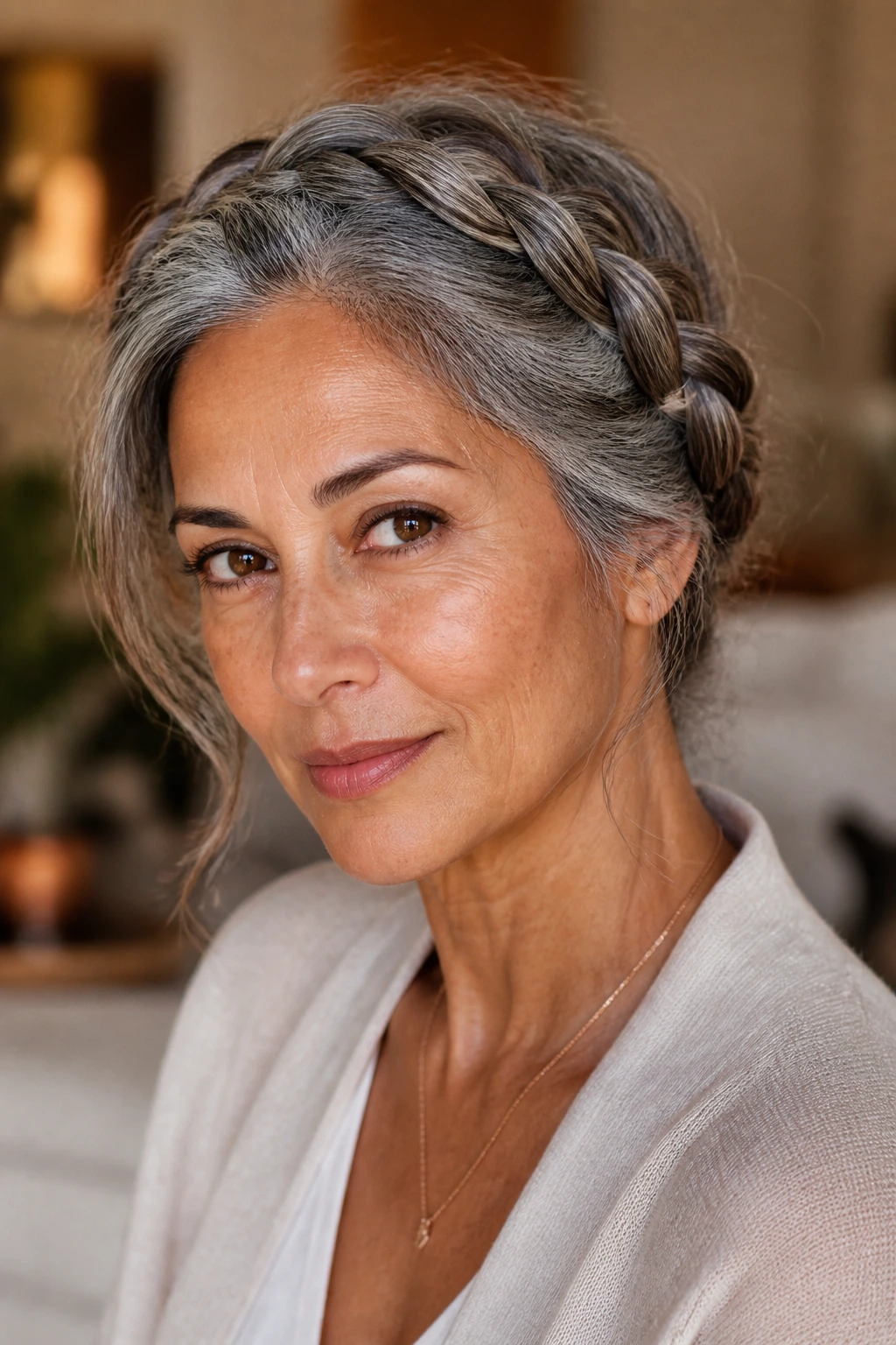 Close-up of a real woman with a crown braid on gray hair in warm interior light