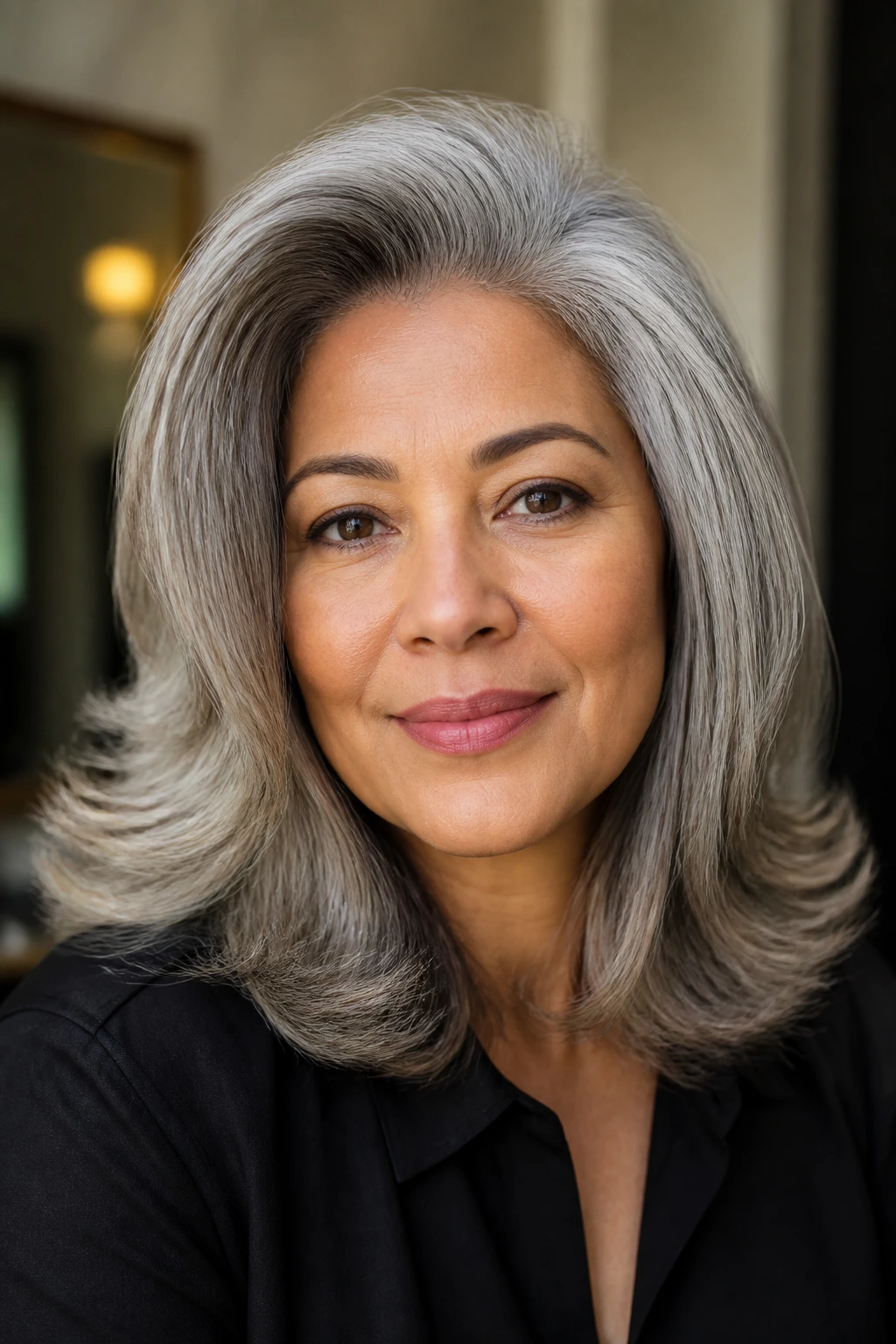 Close-up of a real woman with gray crown-volume blowout and soft ends