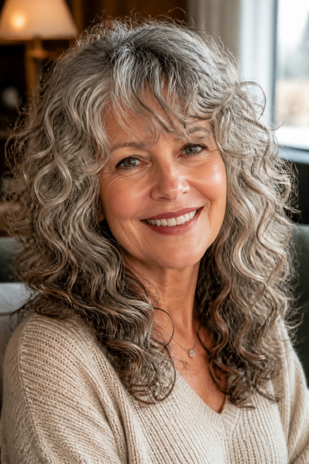 Portrait of a silver-haired woman with curls and soft layered ends