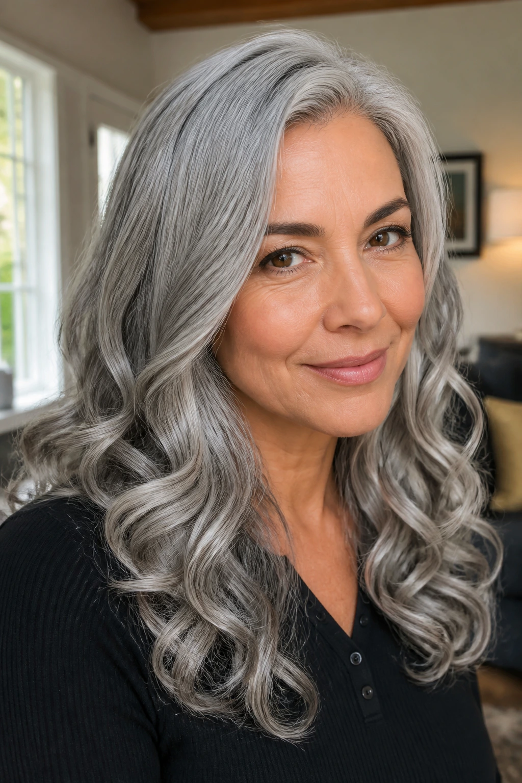Close-up of a real woman with long silver-gray spiral curls starting midlength.