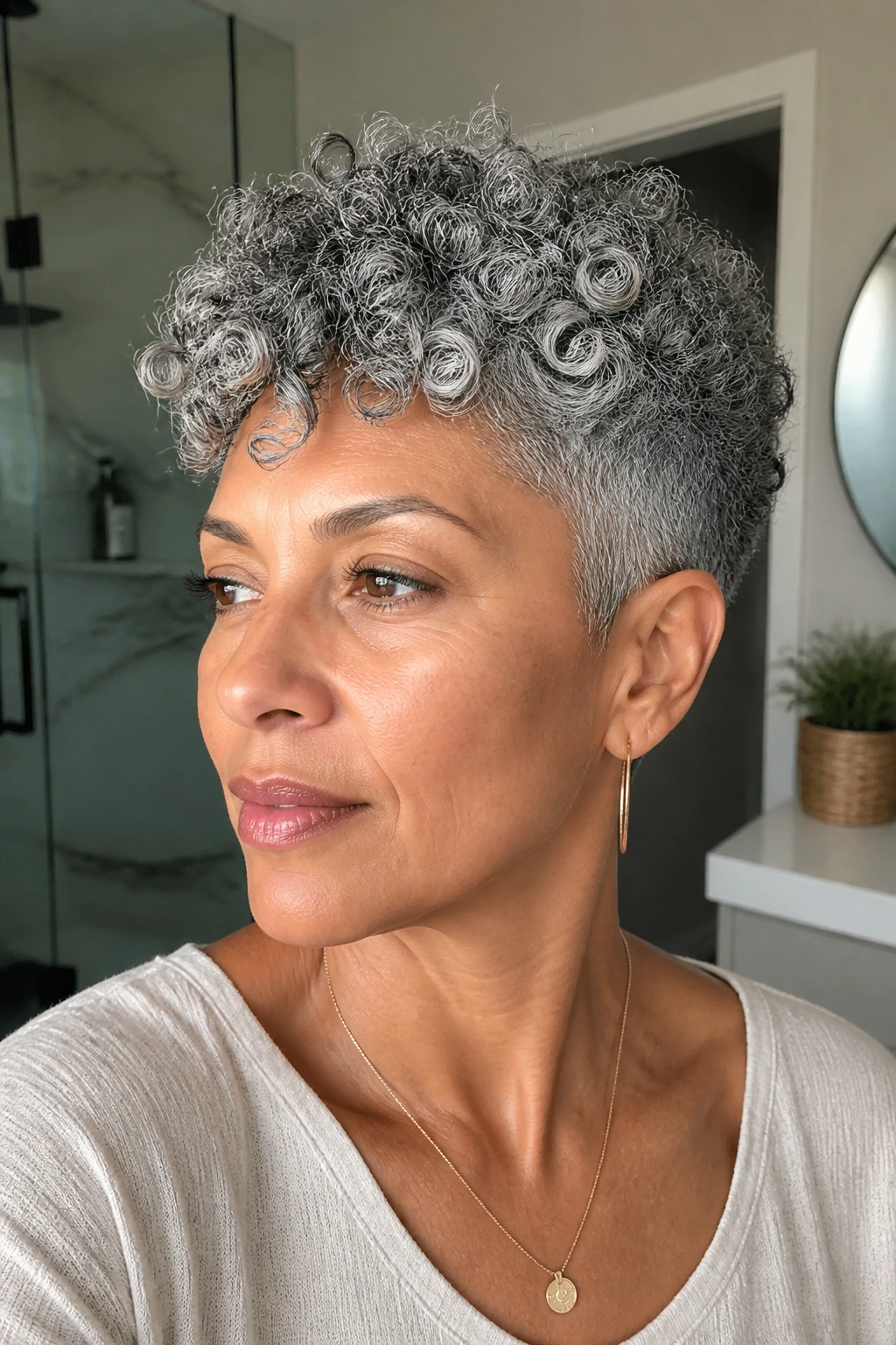 Close-up of a real woman with curly gray crop and defined top in bright natural light