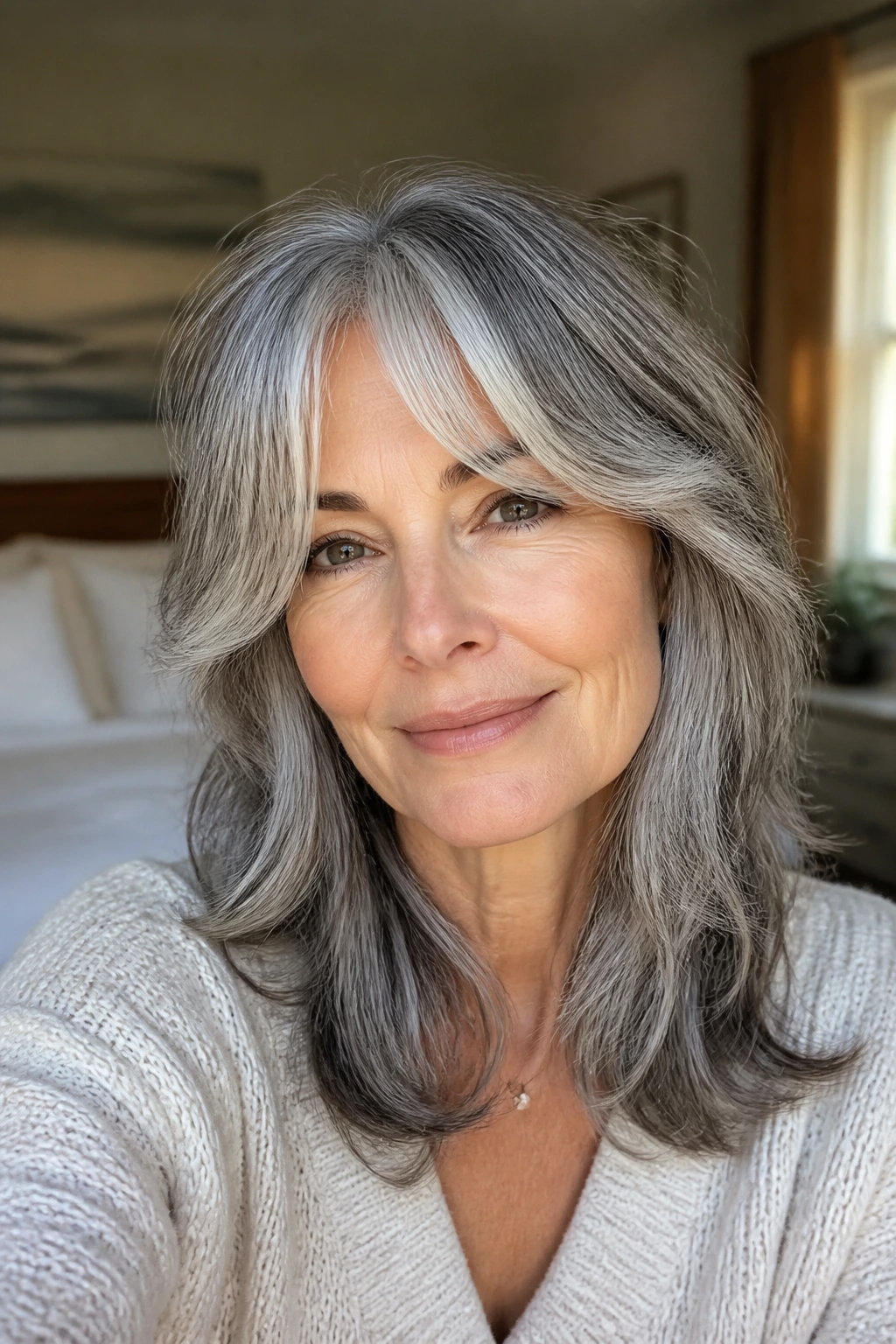 Close-up of a real woman with natural gray layers and soft curtain bangs.