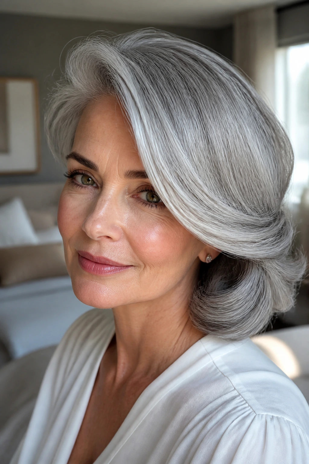 Close-up of a real woman with gray hair styled in a deep side sweep with pin-curled ends