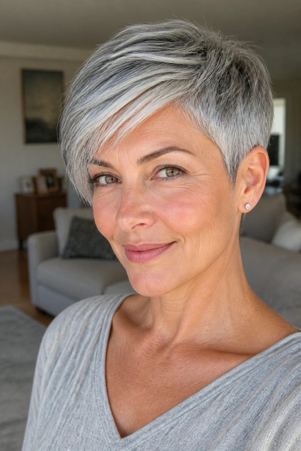 Portrait of a person with diagonal gray pixie cut on a heart-shaped face