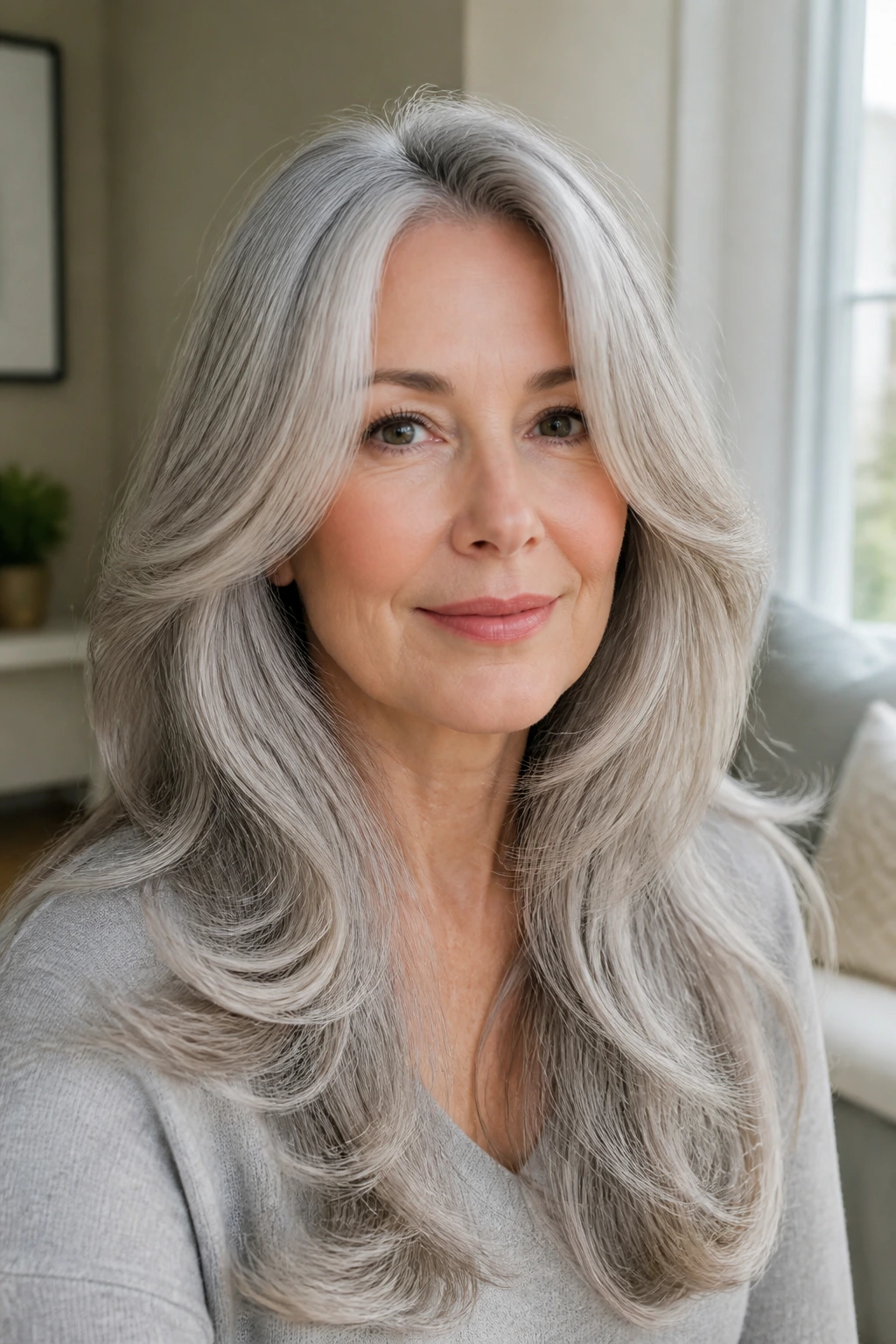 Portrait of a person with feathered blowout layers in long gray hair