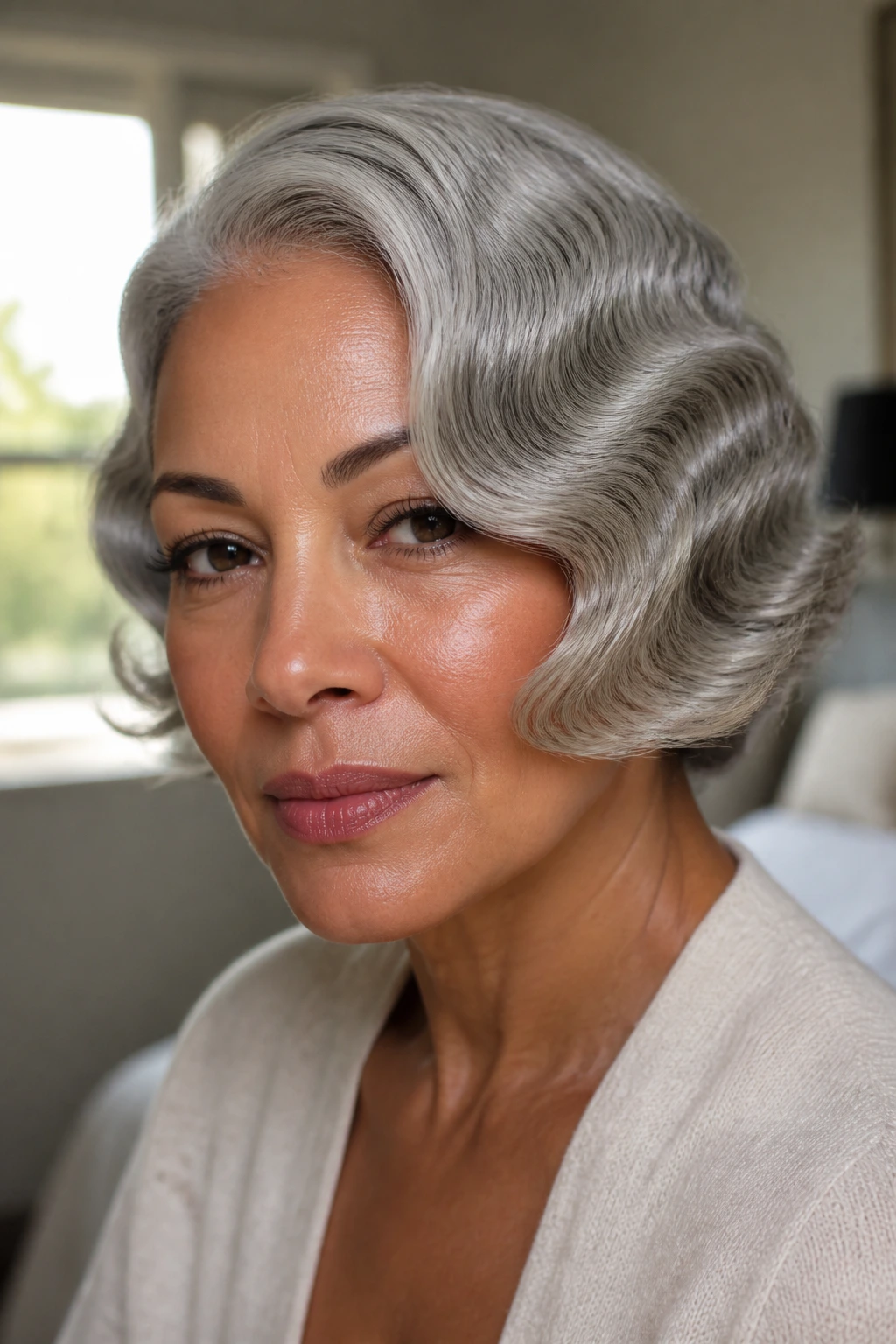 Close-up of a real woman with silver-gray finger waves and a side sweep