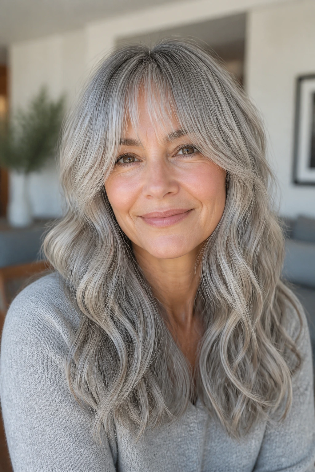 Close-up of a real woman with gray hair and long fringe