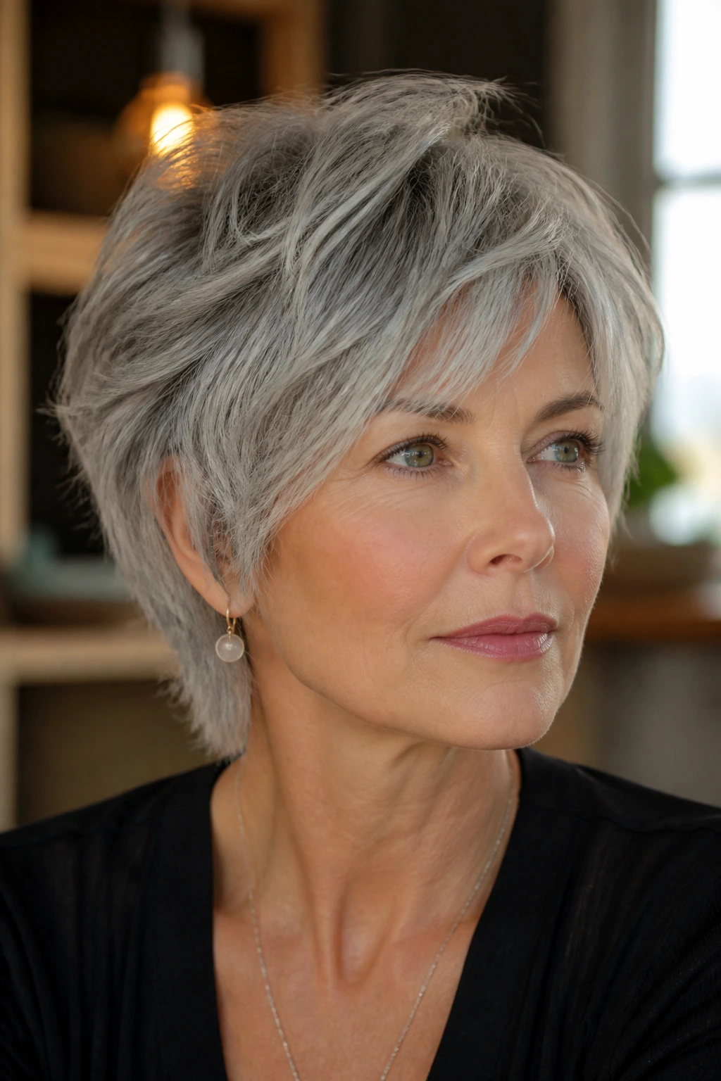 Real woman with silver-gray short shag and glossy finish