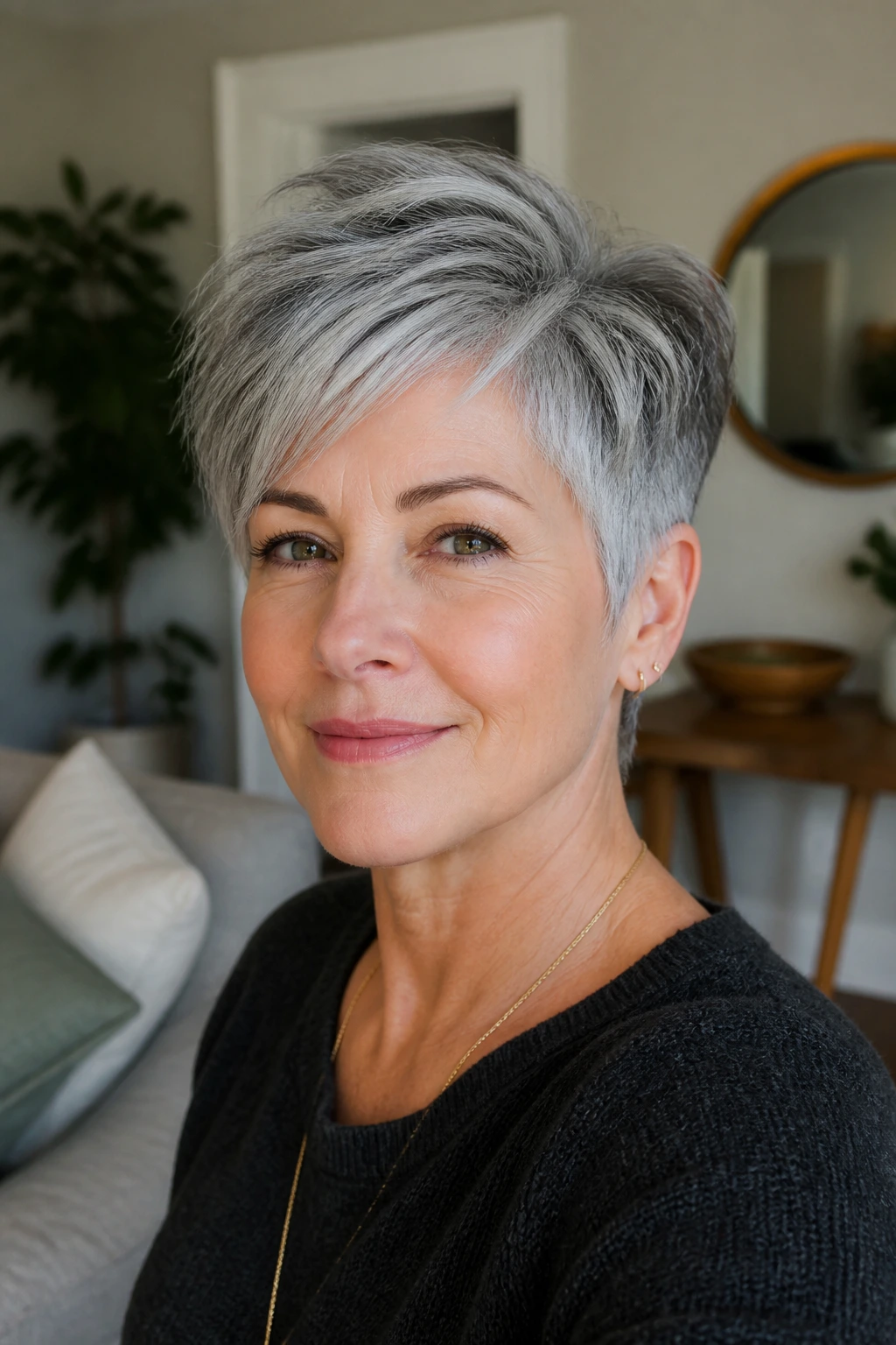 Close-up portrait of a gray-haired woman with a grow-out pixie silhouette showing balanced crown and sides