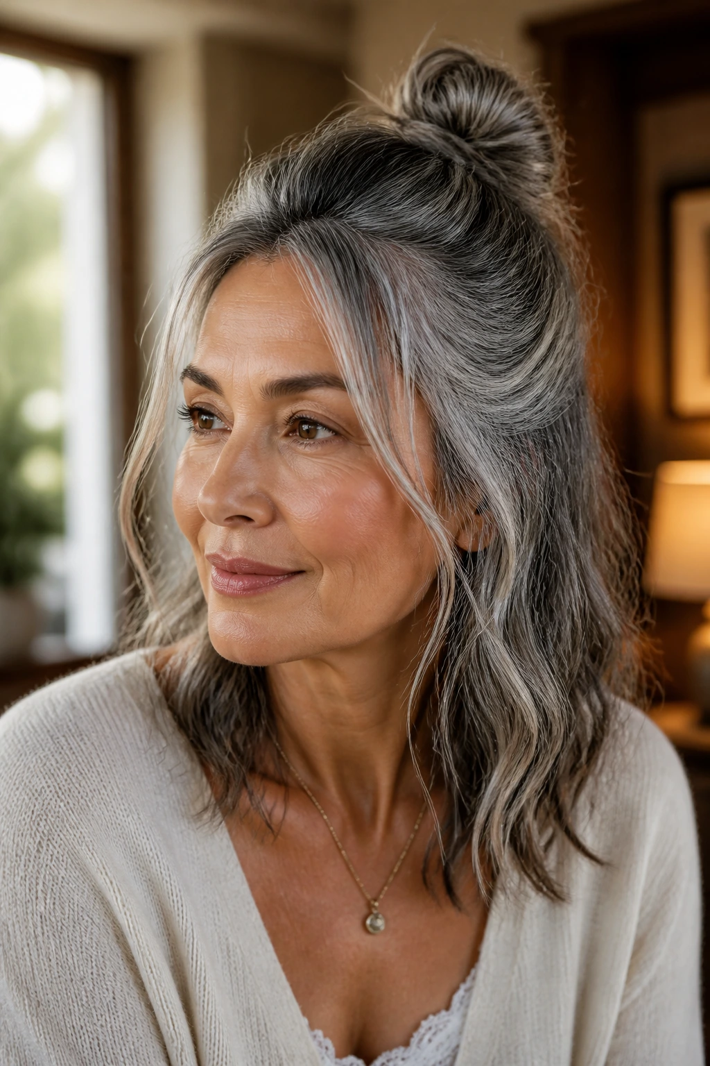 Close-up of a real woman with half-up knot and loose face pieces in a softly lit room