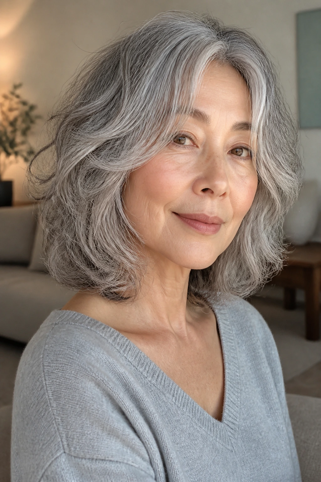 Portrait of a real woman with gray halo lob and soft front pieces framing the face