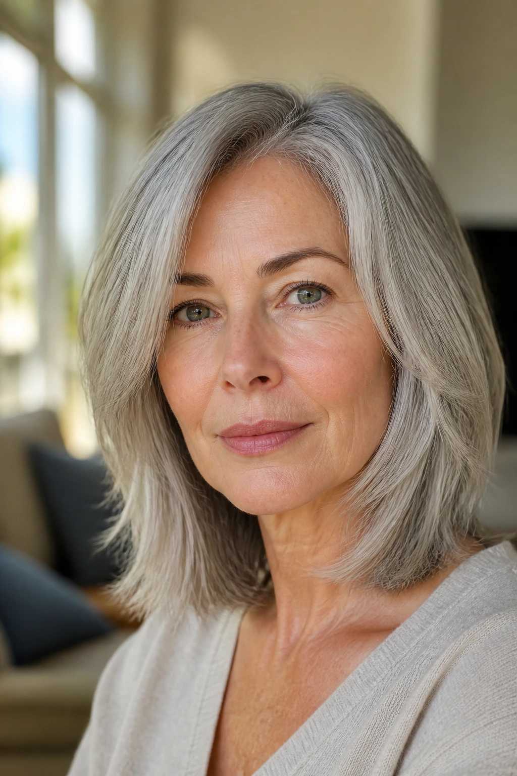 Close-up of a silver-gray shoulder-length hairstyle with soft layers and perimeter framing the face.