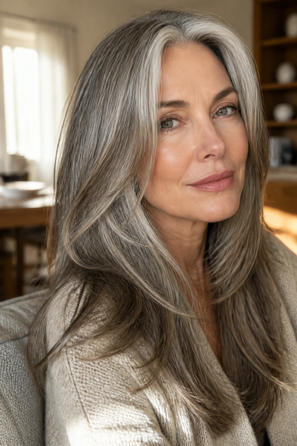 Close-up of a real woman with long layered gray hair and face-framing smoke lowlights.
