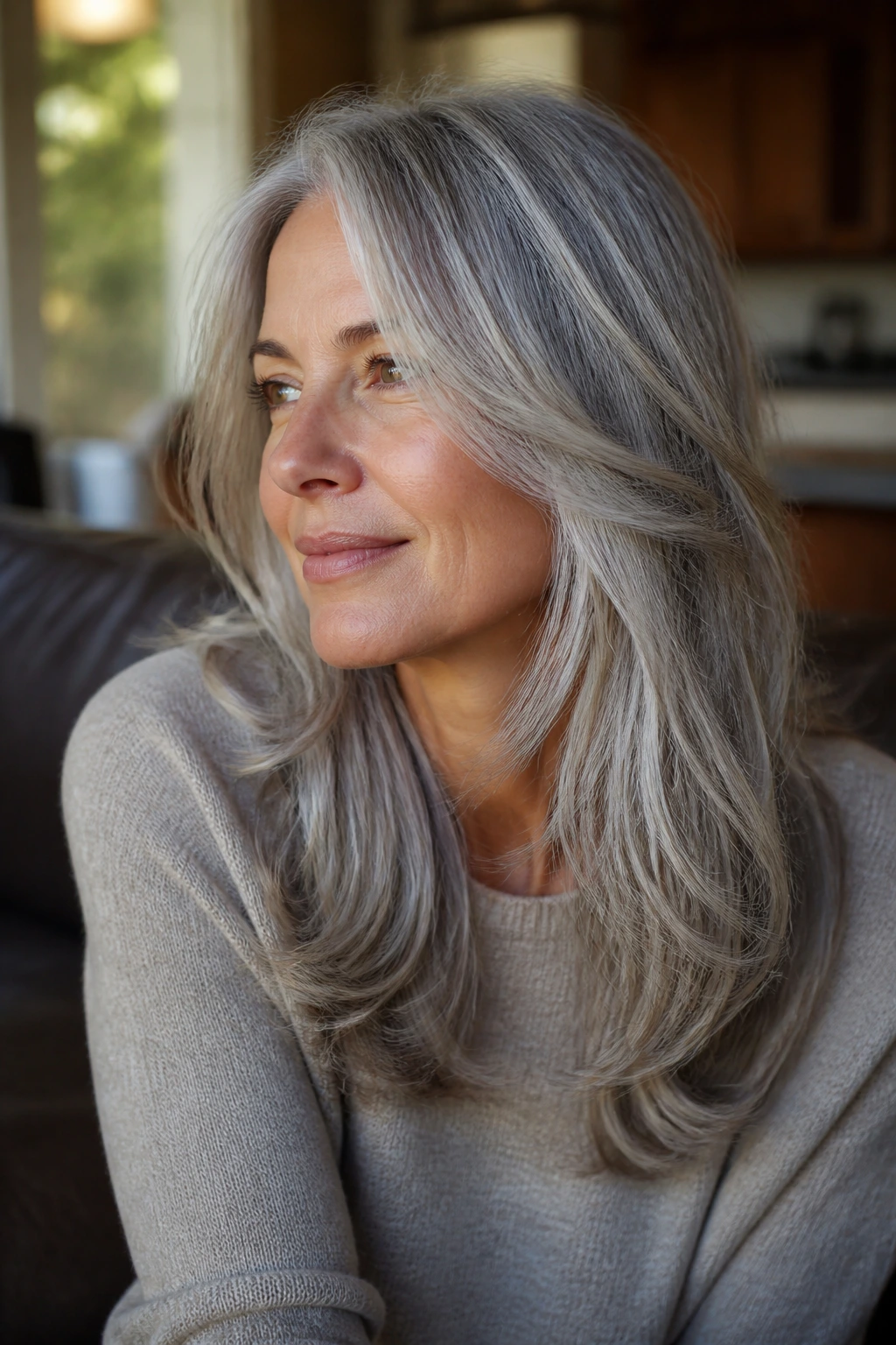 Close-up of a real woman with gray hair and soft layers in warm daylight.