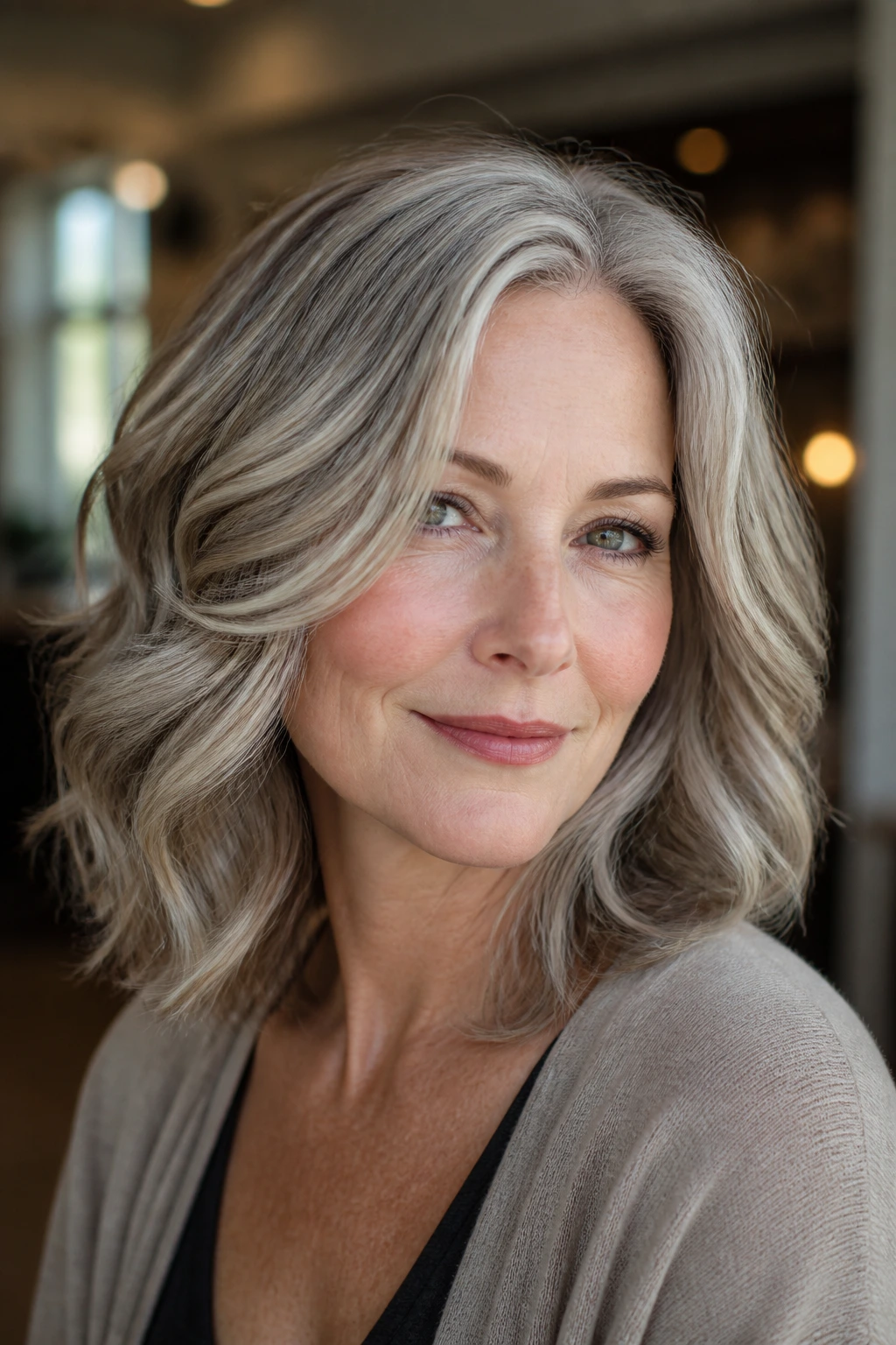 Close-up of a real woman with loose waves and champagne-smoke lowlights on gray hair