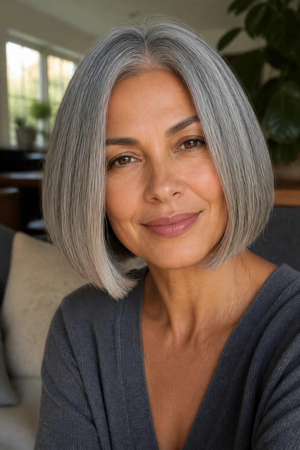 Close-up portrait of a medium-skinned person with silver-gray blunt bob.