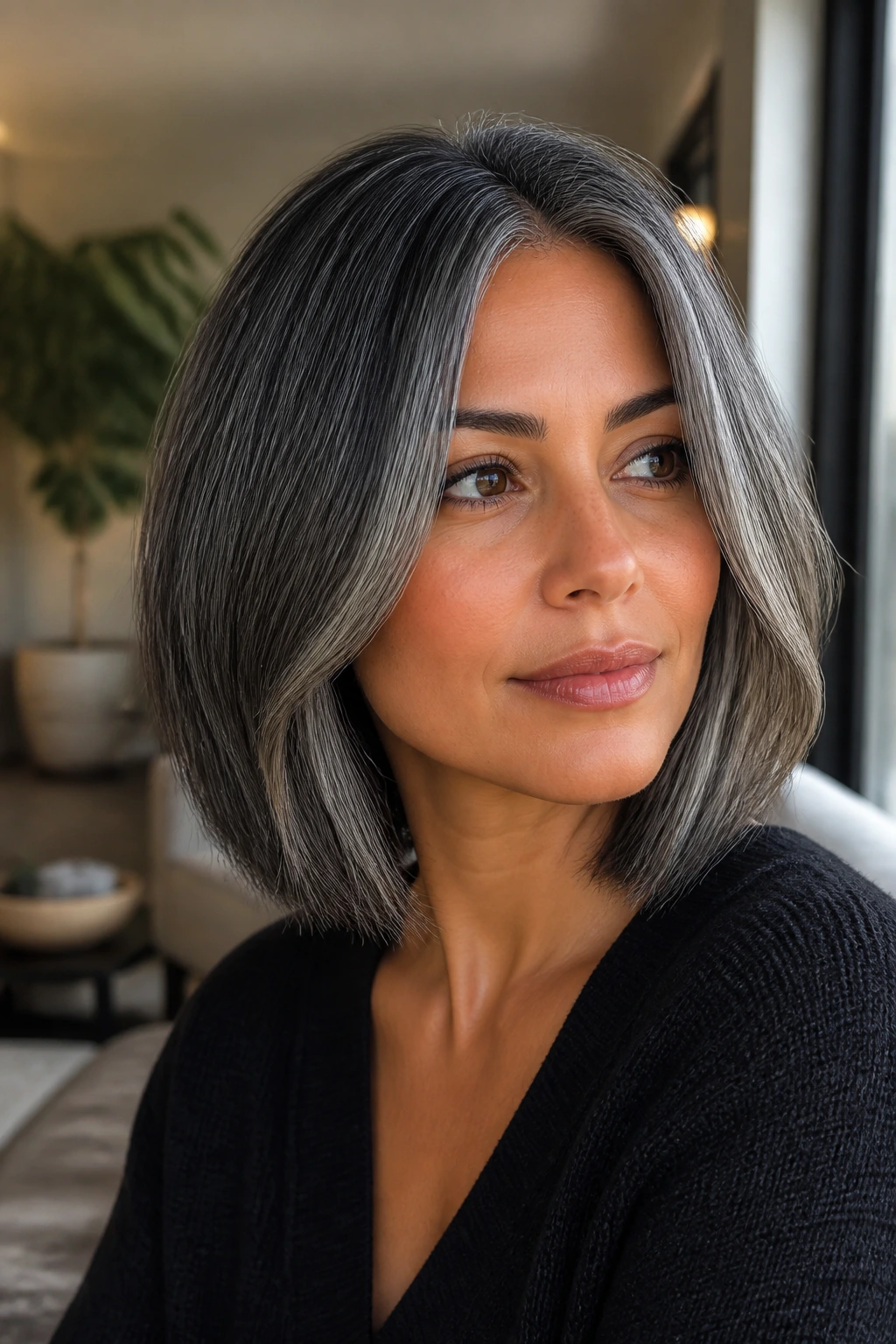 Close-up of olive-skinned person with smoky gray hair and dark roots