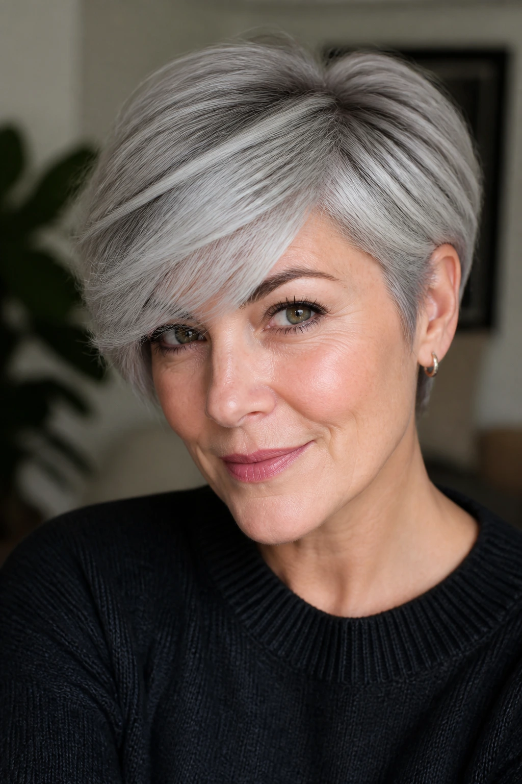 Gray-haired woman with side-swept fringe on a pixie bob