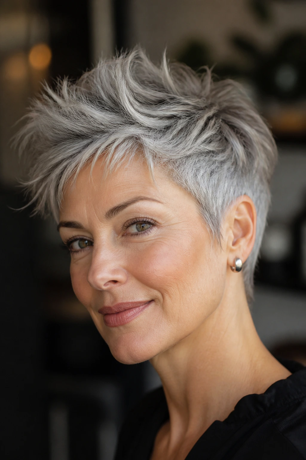 Gray-haired woman with choppy textured pixie and loose quiff