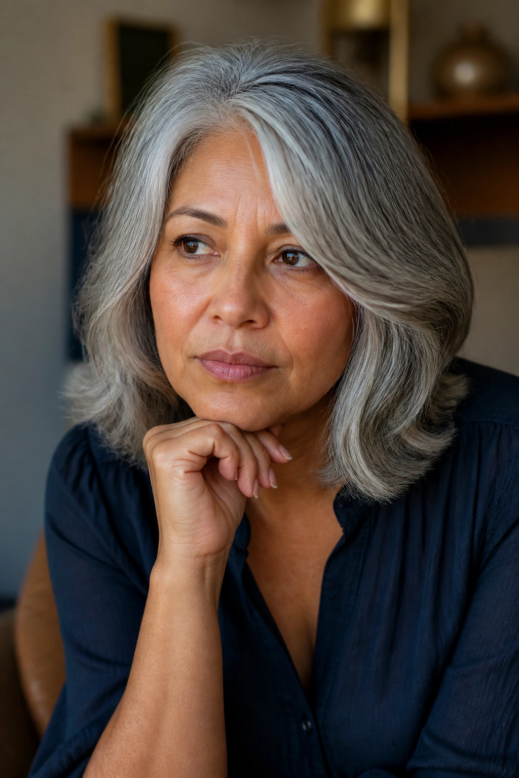 Close-up portrait of a woman with gray hair, thoughtful expression in warm natural light
