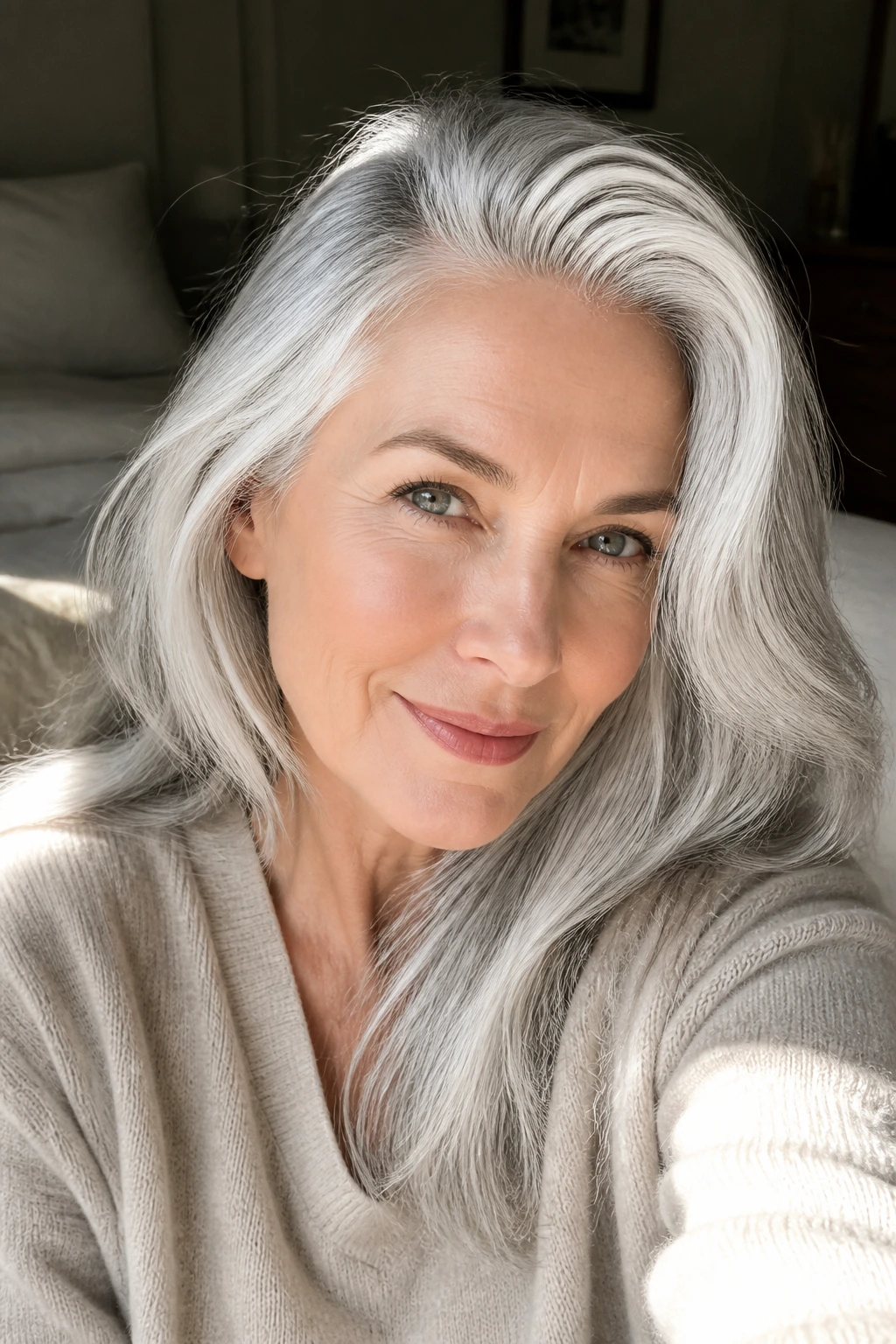 Close-up of a real person with bright silver-gray hair under natural window light