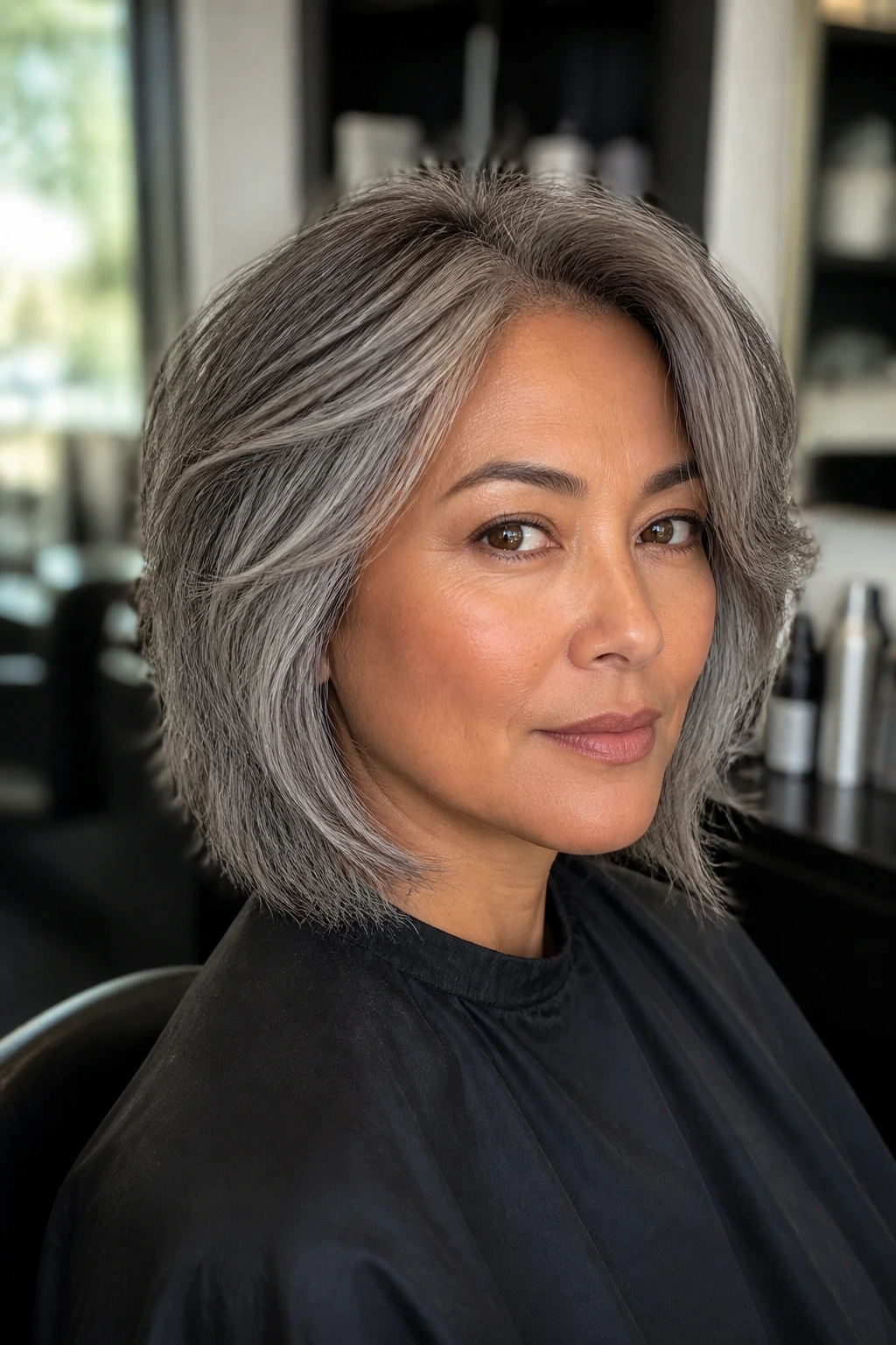 Real-person portrait in salon chair showing gray layered cut with shadow roots for medium skin.