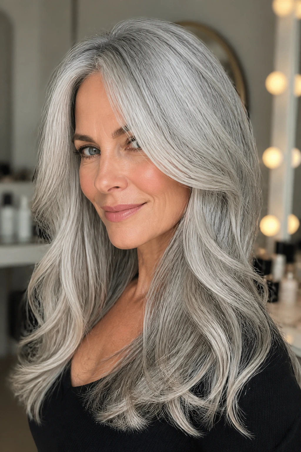 Portrait of a real person with expertly colored and cut silver hair.