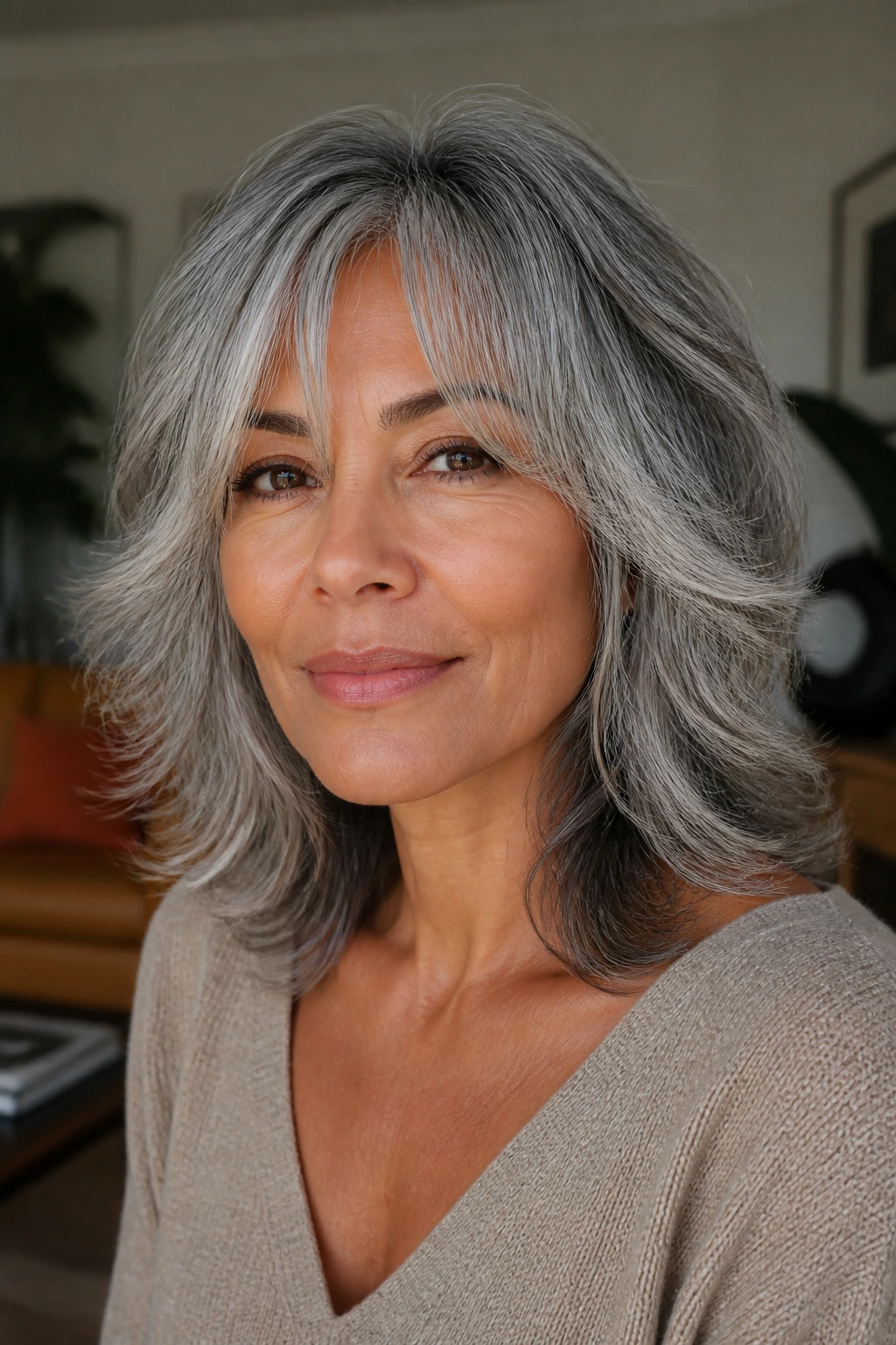 Portrait of a real person with layered gray shag and curtain bangs.