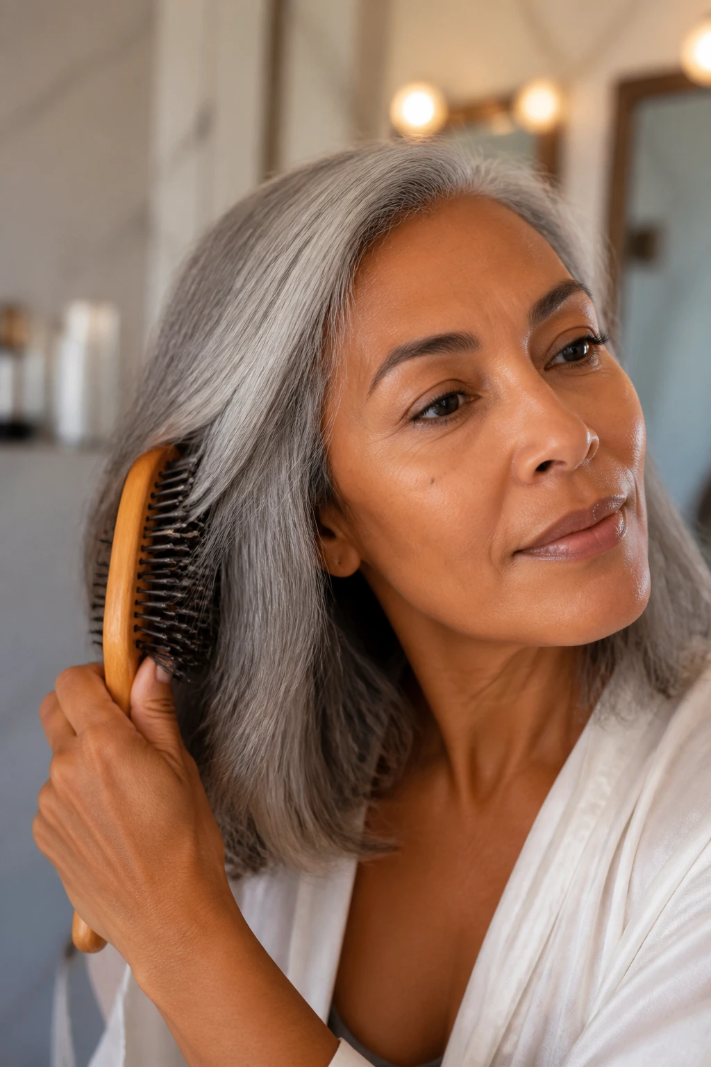 Close-up of a real woman with gray hair being styled with a brush