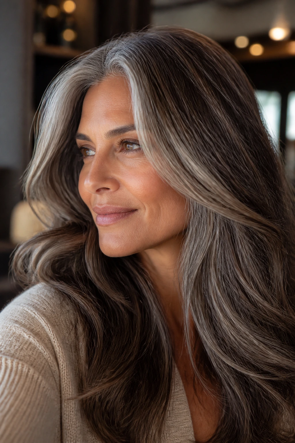 Close-up of a real person with a multi-tone gray-beige hair blend on tan skin, thick hair framing the face.